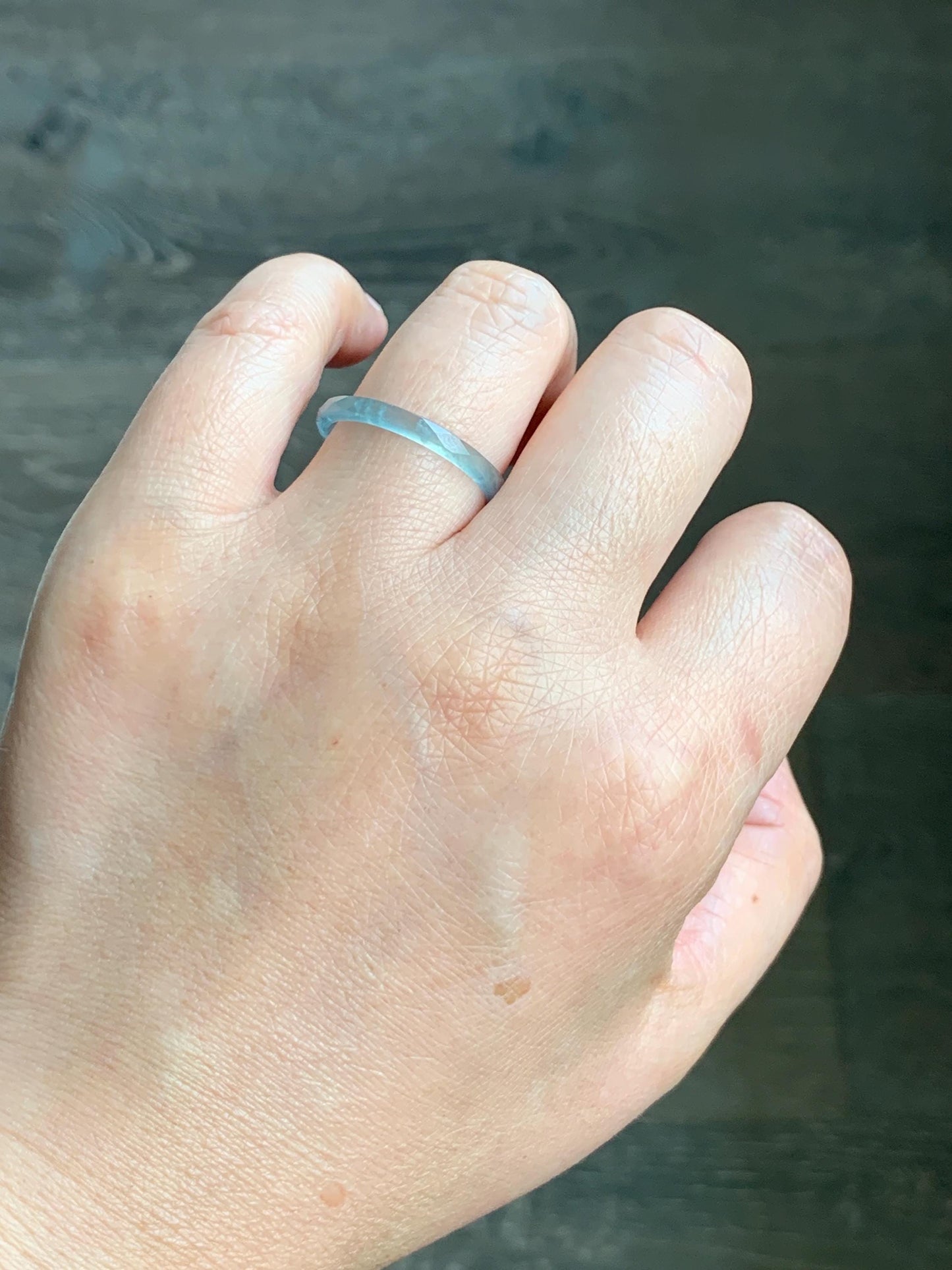 Natural Guatemalan Icy Highly Translucent Gelatinous Pastel Teal Blue Jadeite Diamond Faceted Slim Band Ring Sz 9.25 天然冰危浅蓝起光翡翠切割面戒圈 DLQG-B