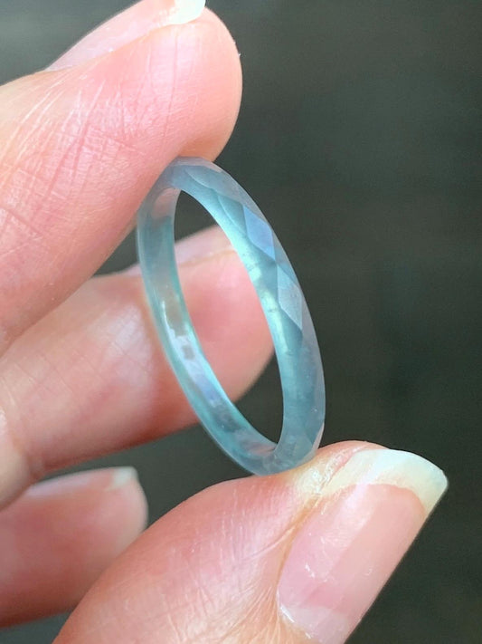 Natural Guatemalan Icy Highly Translucent Gelatinous Pastel Teal Blue Jadeite Diamond Faceted Slim Band Ring Sz 7.75 天然冰危浅蓝起光翡翠切割面戒圈 DLQG-A