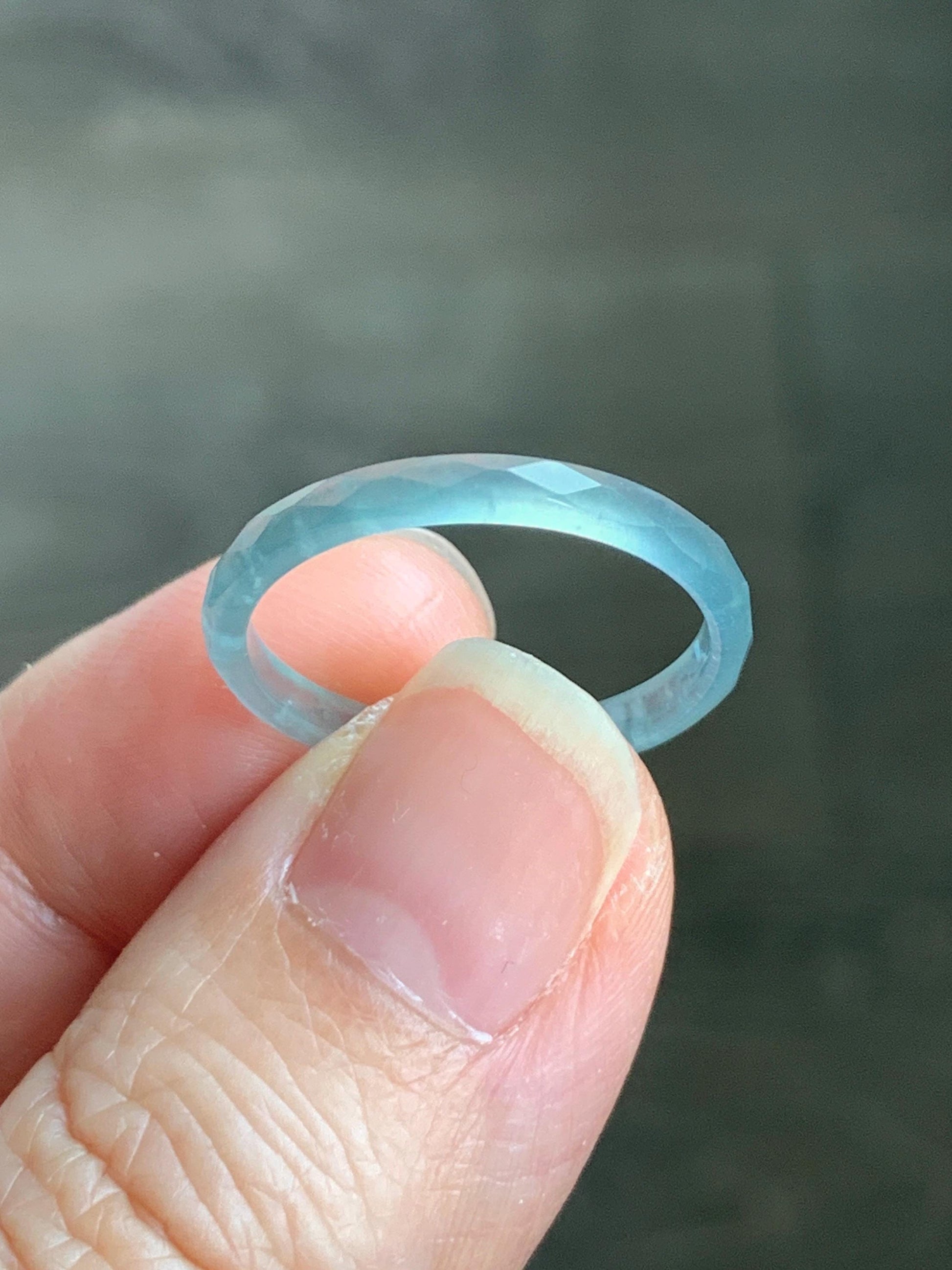 Natural Guatemalan Icy Highly Translucent Gelatinous Pastel Teal Blue Jadeite Diamond Faceted Slim Band Ring Sz 7.75 天然冰危浅蓝起光翡翠切割面戒圈 DLQG-A