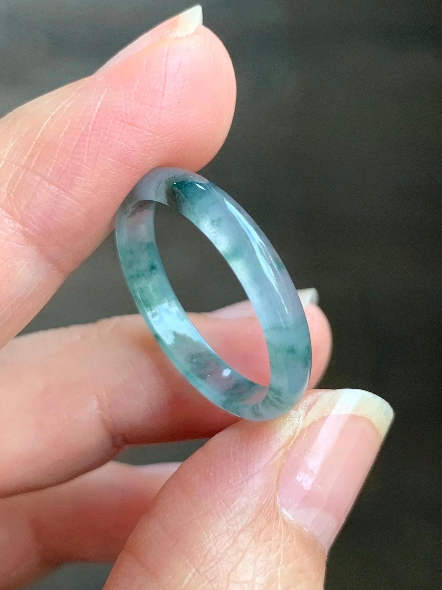 Natural Grade A Guatemalan Icy Highly Translucent Gelatinous Pastel Blue & Green Marbled Jadeite Band Ring Size 10.25 天然冰危浅蓝起光飘绿花翡翠戒圈 PHW55