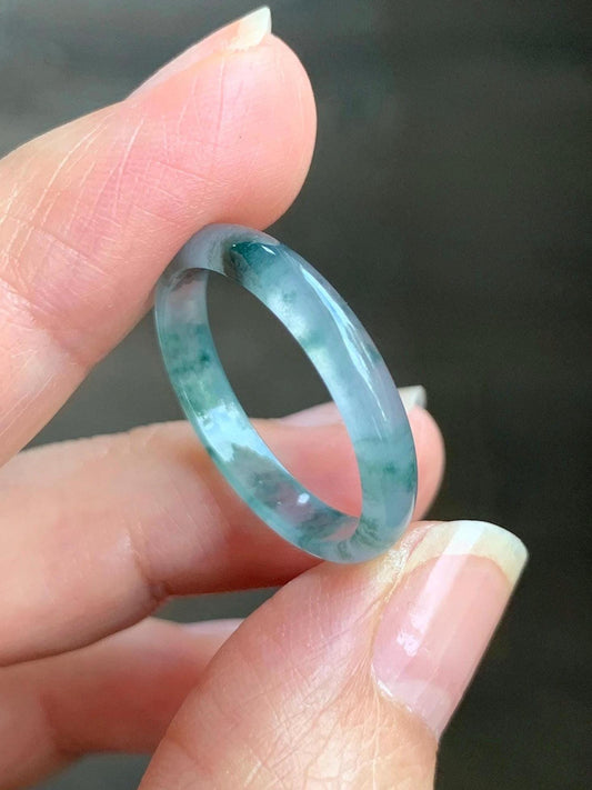 Natural Grade A Guatemalan Icy Highly Translucent Gelatinous Pastel Blue & Green Marbled Jadeite Band Ring Size 10.25 天然冰危浅蓝起光飘绿花翡翠戒圈 PHW55