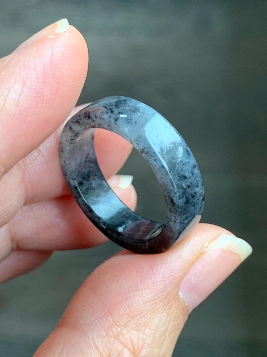 Natural Grade A Icy Highly Translucent Gelatinous Dark Wuji Marbled Jadeite Square Edged Band Ring Size 8.5 US 天然冰胶乌鸡翡翠方条戒圈 WJF240-B