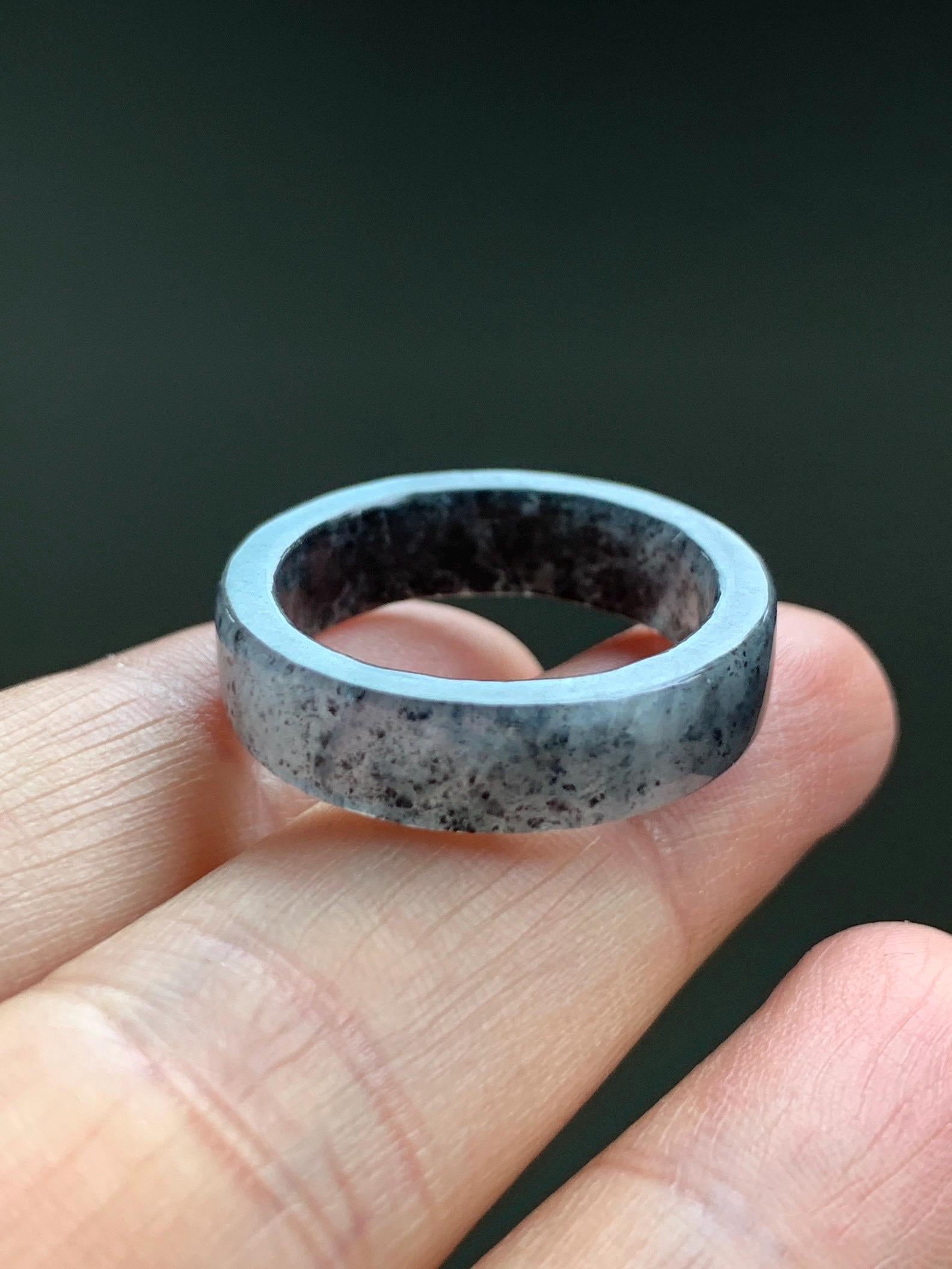 Natural Grade A Icy Highly Translucent Gelatinous Dark Wuji Marbled Jadeite Square Edged Band Ring Size 8.5 US 天然冰胶乌鸡翡翠方条戒圈 WJF240-B