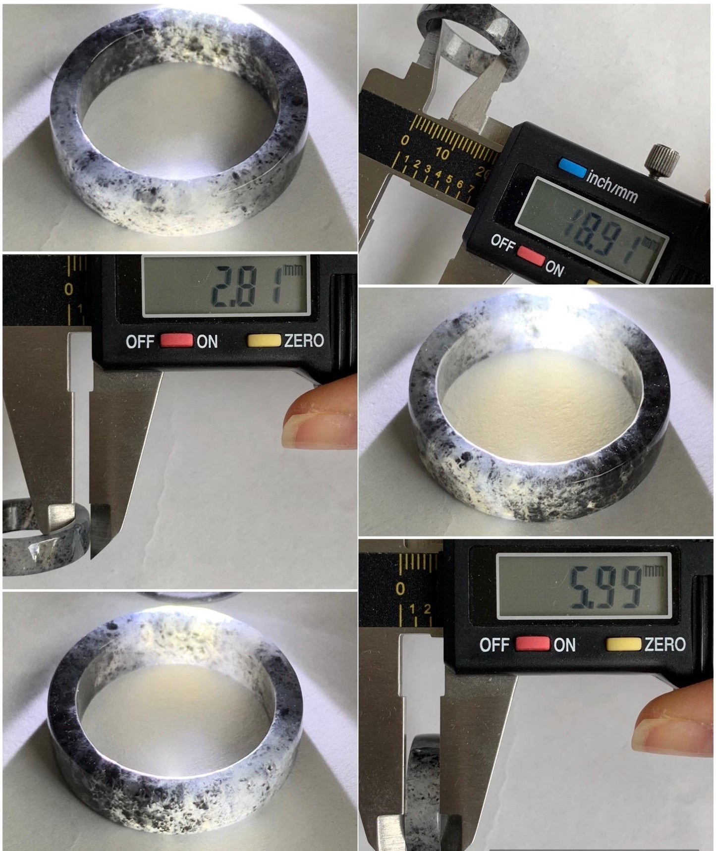 Natural Grade A Icy Highly Translucent Gelatinous Dark Wuji Marbled Jadeite Square Edged Band Ring Size 8.5 US 天然冰胶乌鸡翡翠方条戒圈 WJF240-B