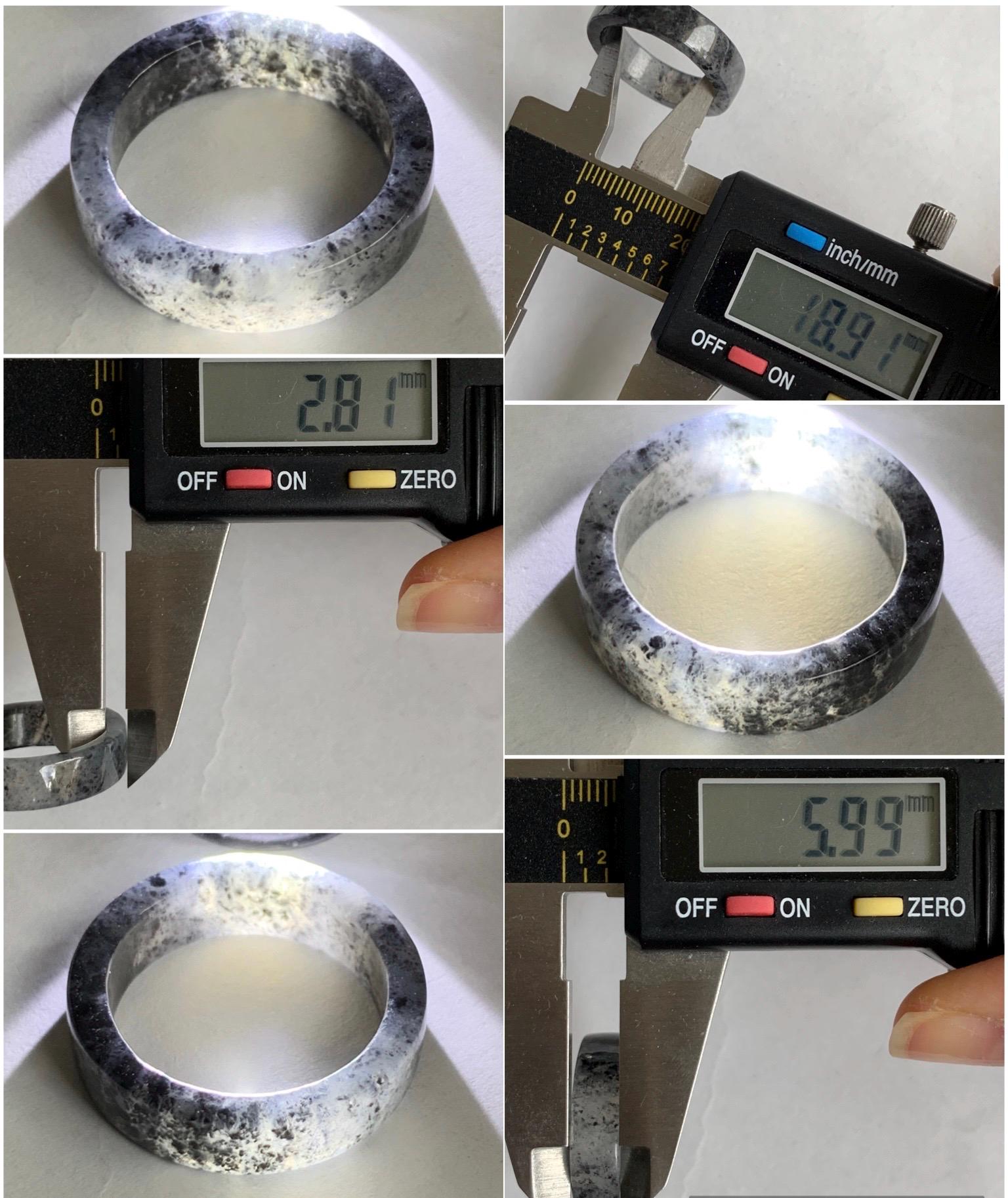 Natural Grade A Icy Highly Translucent Gelatinous Dark Wuji Marbled Jadeite Square Edged Band Ring Size 8.5 US 天然冰胶乌鸡翡翠方条戒圈 WJF240-B