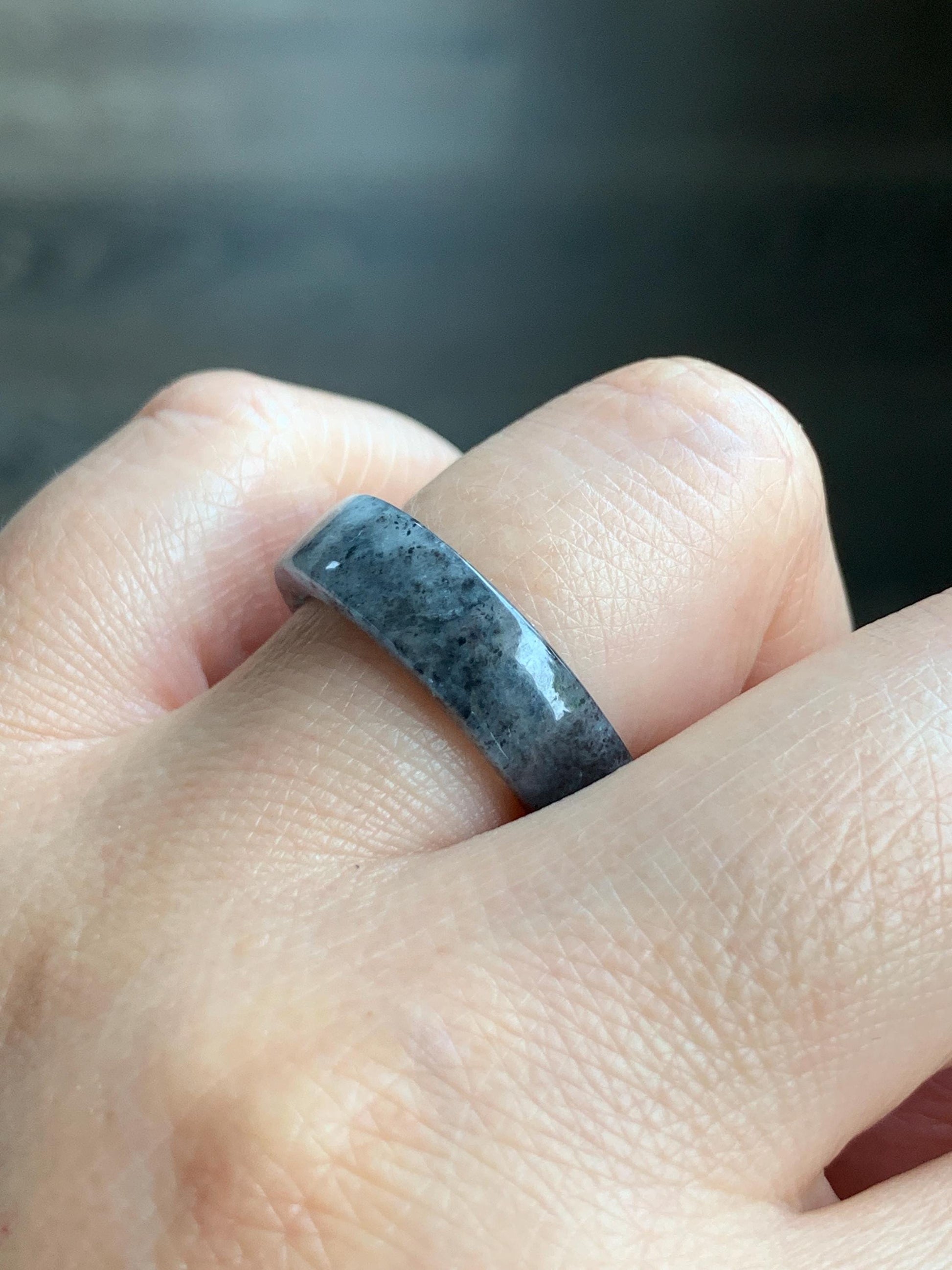 Natural Grade A Icy Highly Translucent Gelatinous Dark Wuji Marbled Jadeite Square Edged Band Ring Size 8.5 US 天然冰胶乌鸡翡翠方条戒圈 WJF240-B