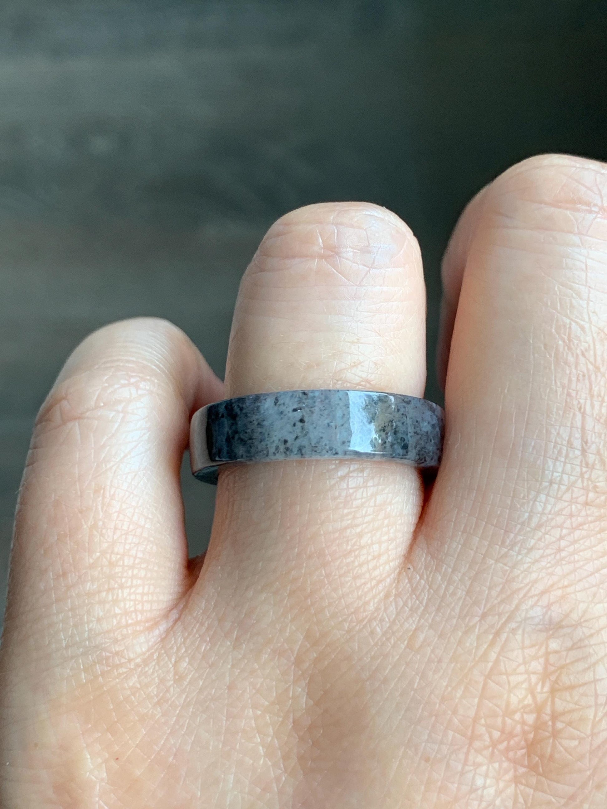 Natural Grade A Icy Highly Translucent Gelatinous Dark Wuji Marbled Jadeite Square Edged Band Ring Size 8.5 US 天然冰胶乌鸡翡翠方条戒圈 WJF240-B