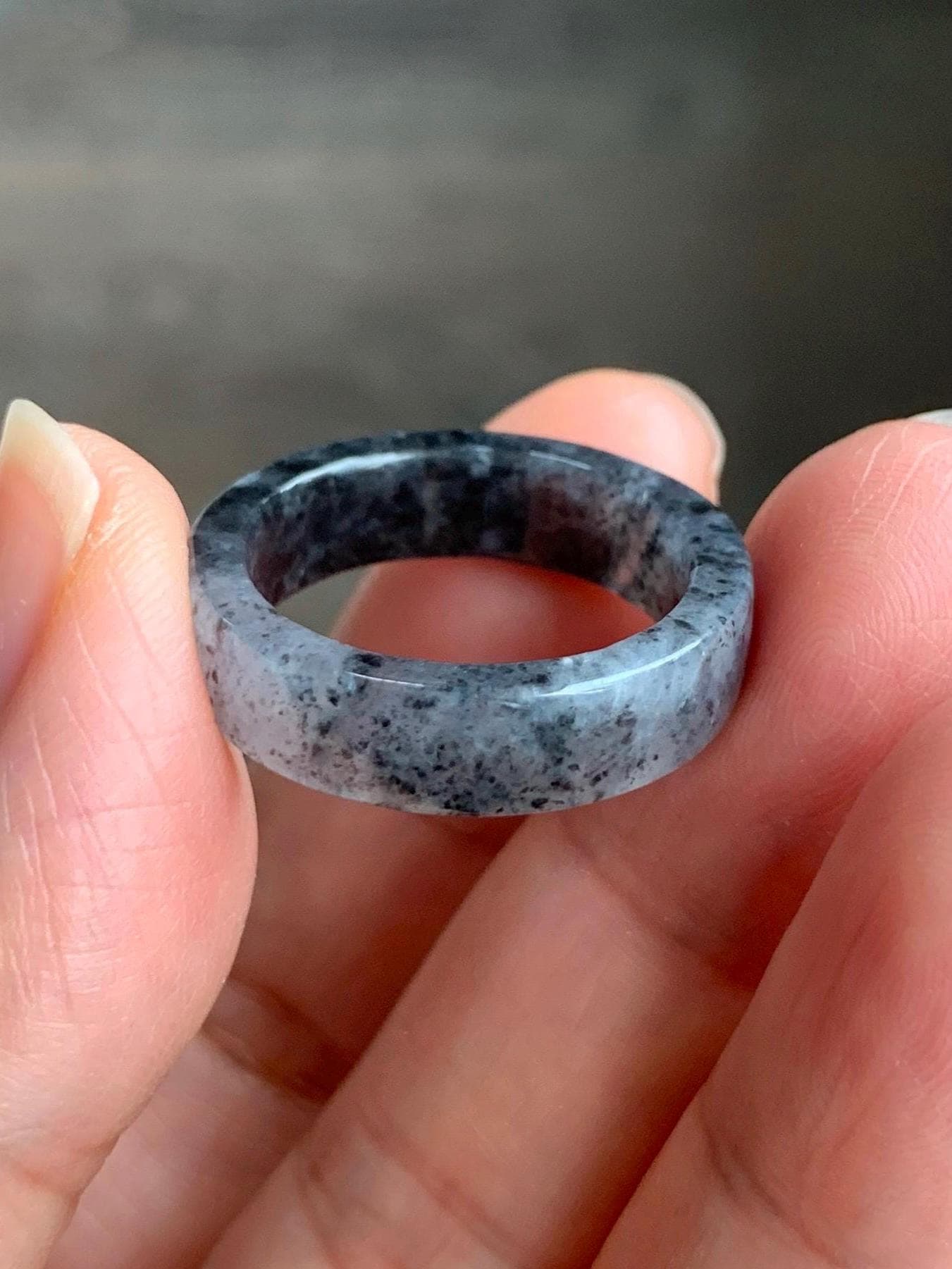 Natural Grade A Icy Highly Translucent Gelatinous Dark Wuji Marbled Jadeite Square Edged Band Ring Size 8.5 US 天然冰胶乌鸡翡翠方条戒圈 WJF240-B
