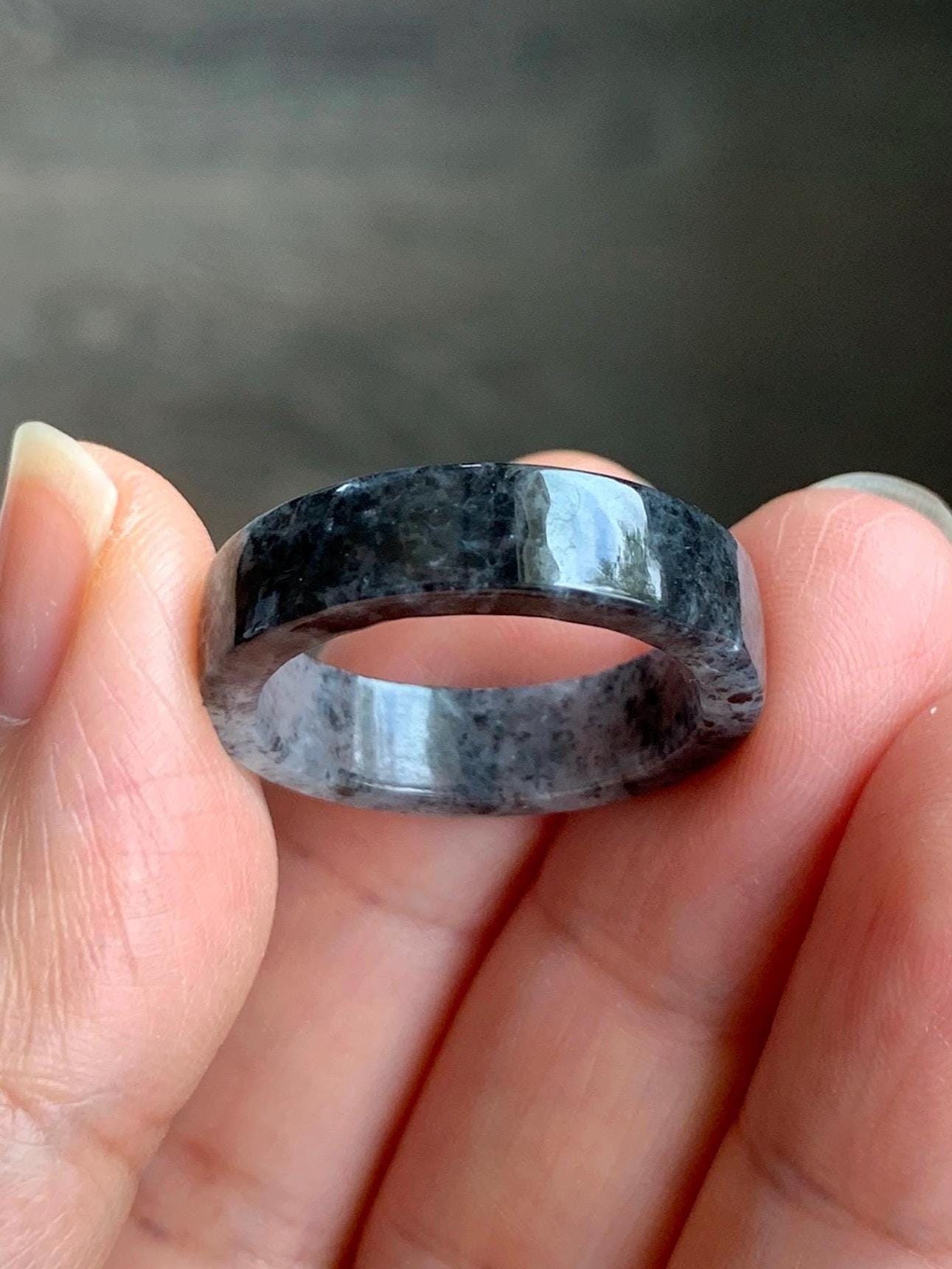 Natural Grade A Icy Highly Translucent Gelatinous Dark Wuji Marbled Jadeite Square Edged Band Ring Size 8.5 US 天然冰胶乌鸡翡翠方条戒圈 WJF240-B