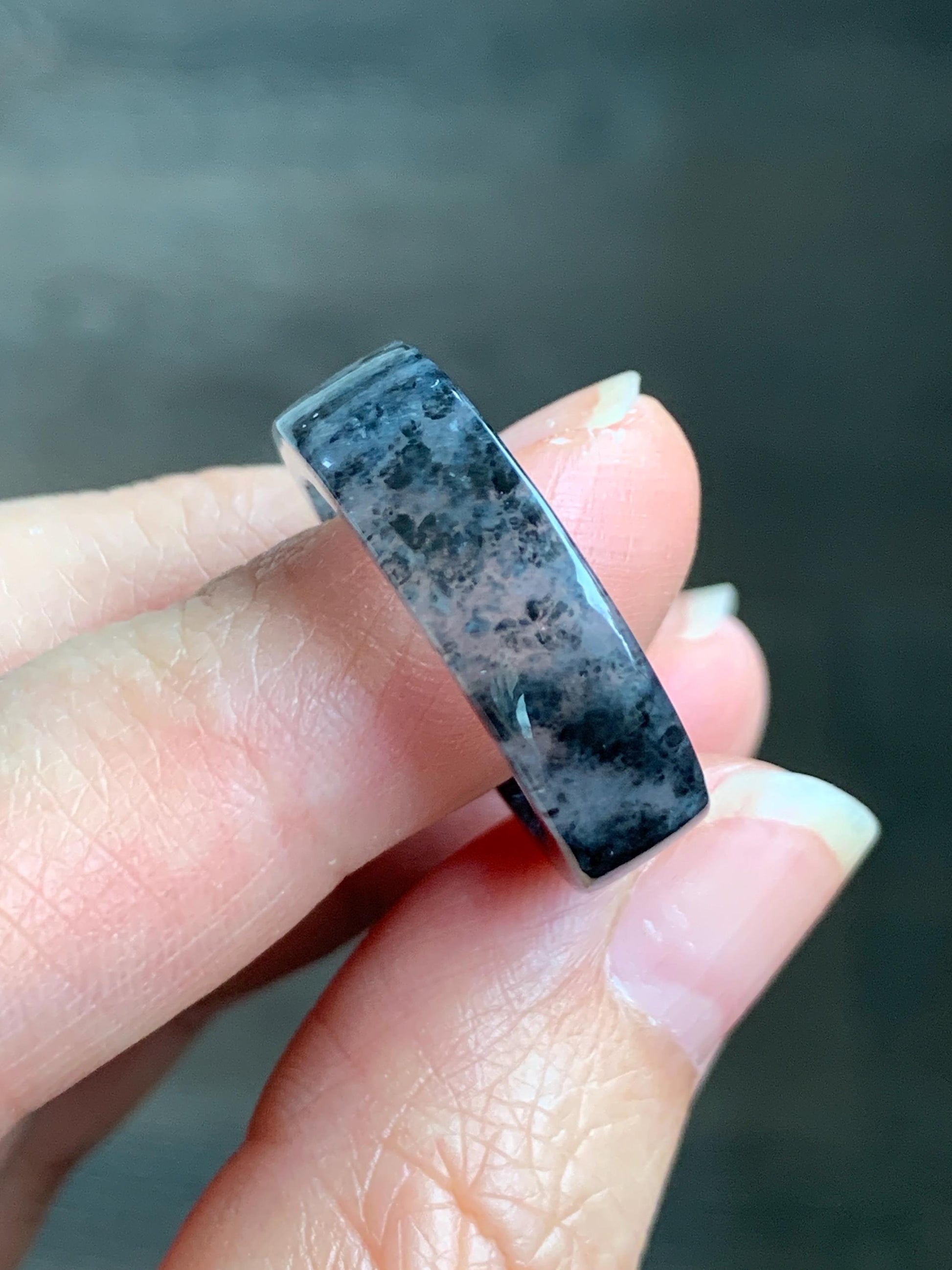 Natural Grade A Icy Highly Translucent Gelatinous Dark Wuji Marbled Jadeite Square Edged Band Ring Size 7.75 US 天然冰胶乌鸡翡翠方条戒圈 WJF240-A