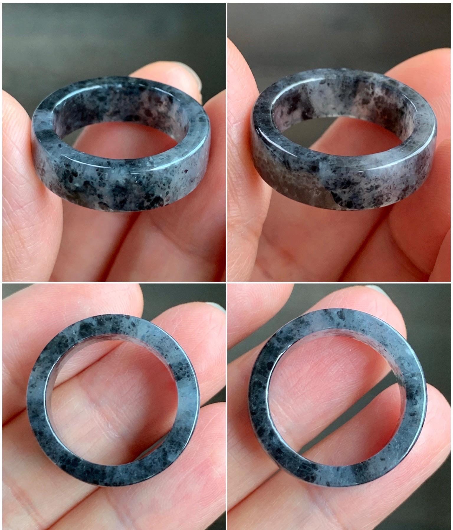 Natural Grade A Icy Highly Translucent Gelatinous Dark Wuji Marbled Jadeite Square Edged Band Ring Size 7.75 US 天然冰胶乌鸡翡翠方条戒圈 WJF240-A