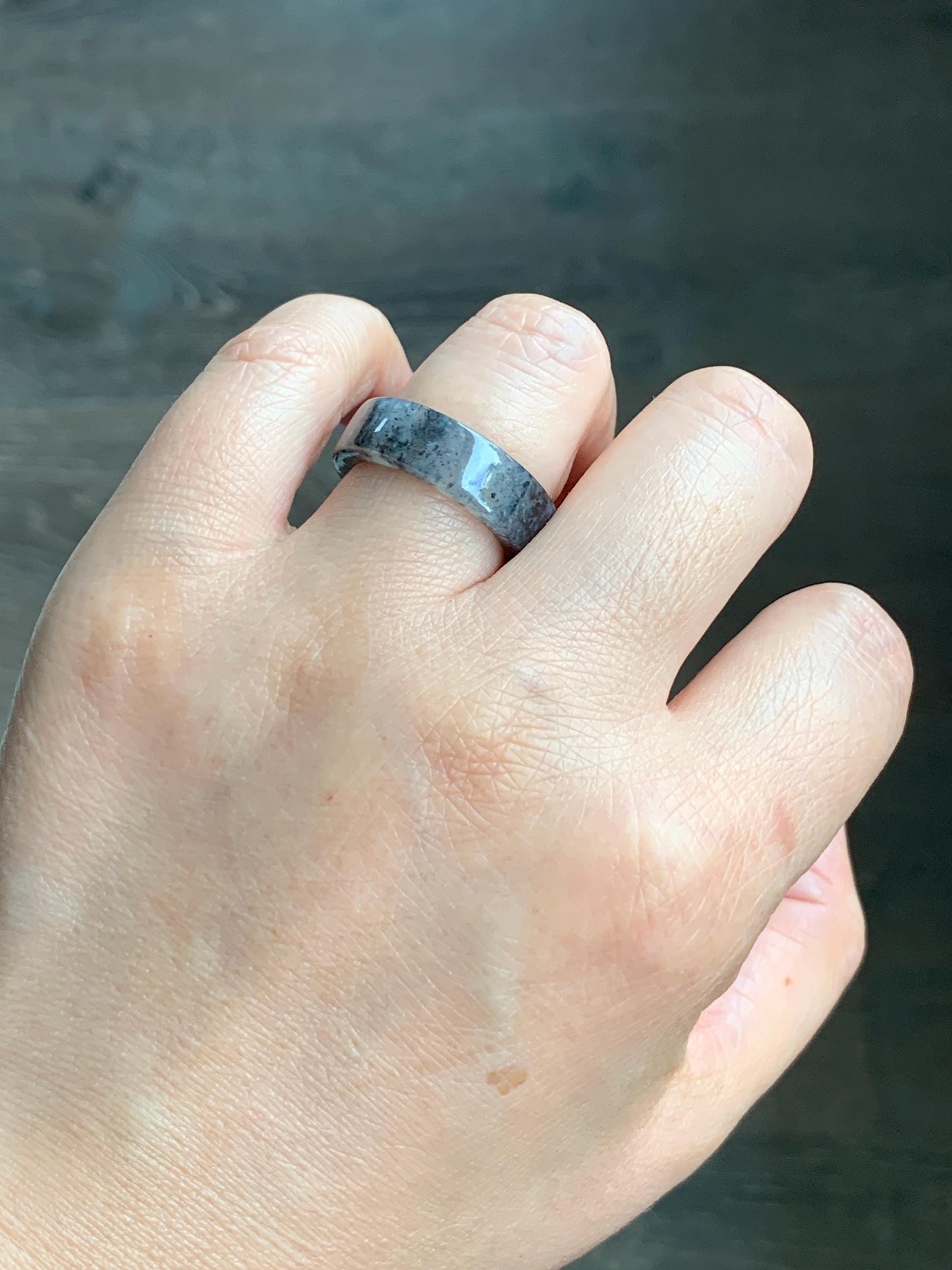 Natural Grade A Icy Highly Translucent Gelatinous Dark Wuji Marbled Jadeite Square Edged Band Ring Size 7.75 US 天然冰胶乌鸡翡翠方条戒圈 WJF240-A
