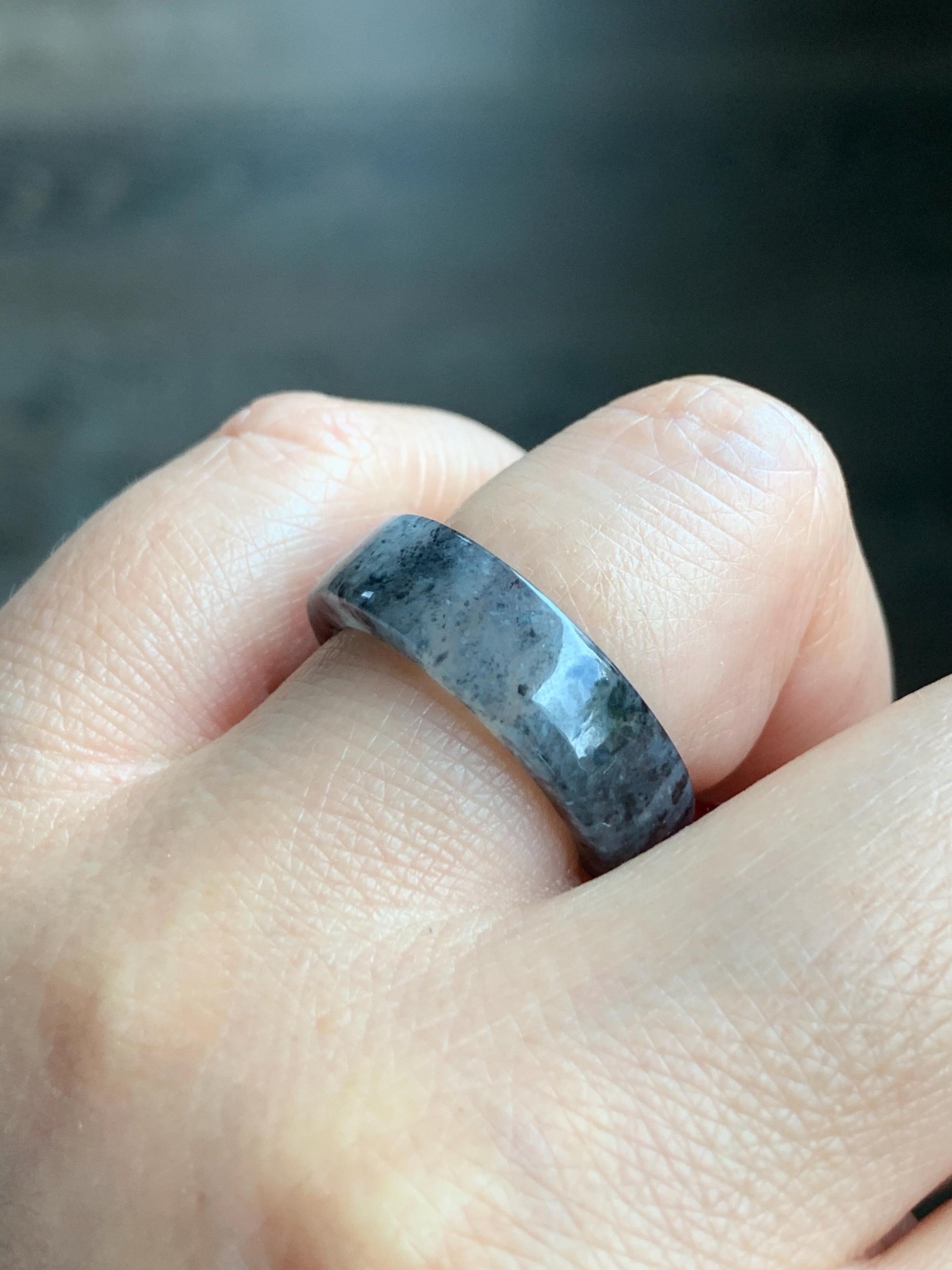 Natural Grade A Icy Highly Translucent Gelatinous Dark Wuji Marbled Jadeite Square Edged Band Ring Size 7.75 US 天然冰胶乌鸡翡翠方条戒圈 WJF240-A