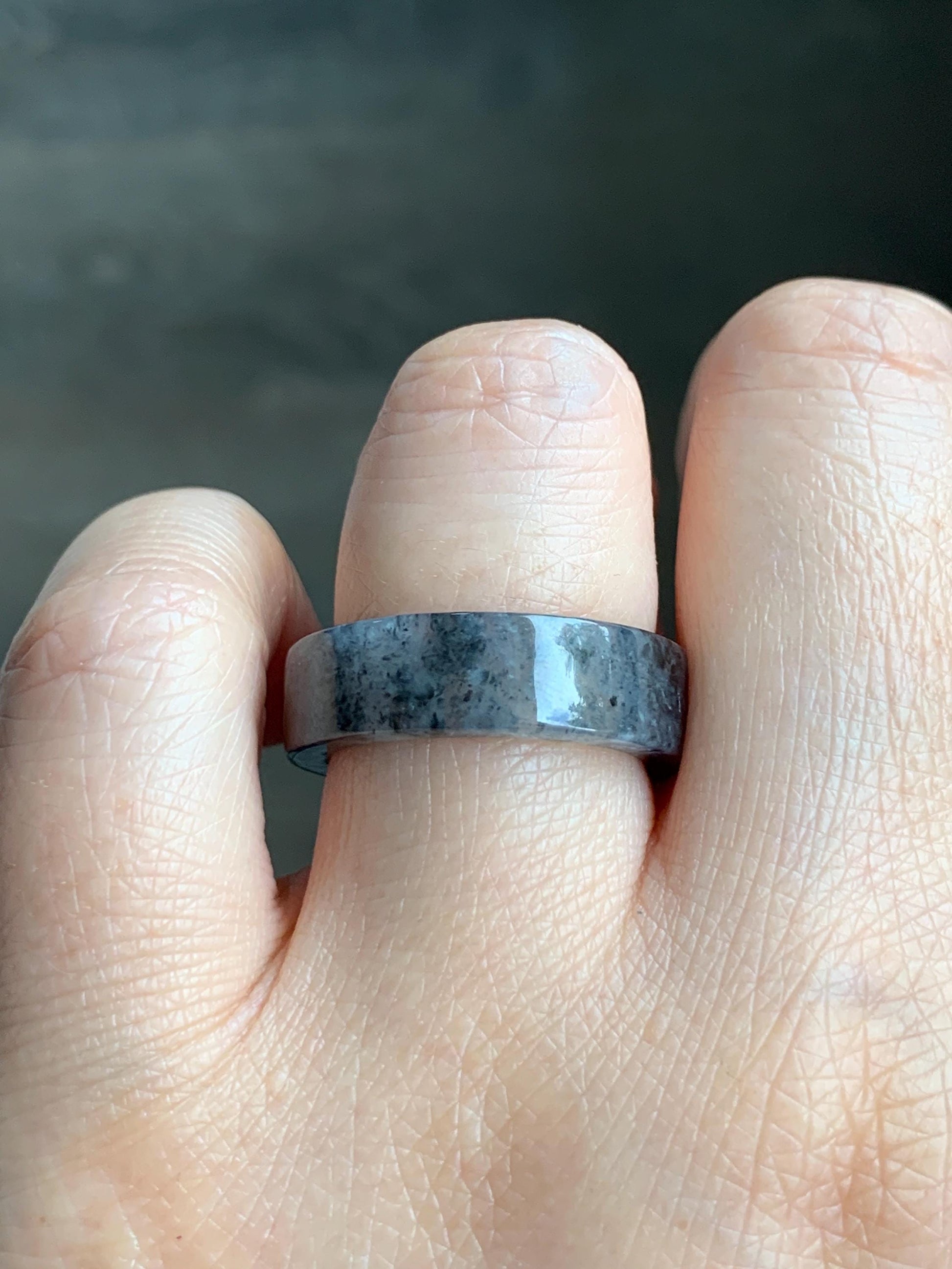 Natural Grade A Icy Highly Translucent Gelatinous Dark Wuji Marbled Jadeite Square Edged Band Ring Size 7.75 US 天然冰胶乌鸡翡翠方条戒圈 WJF240-A