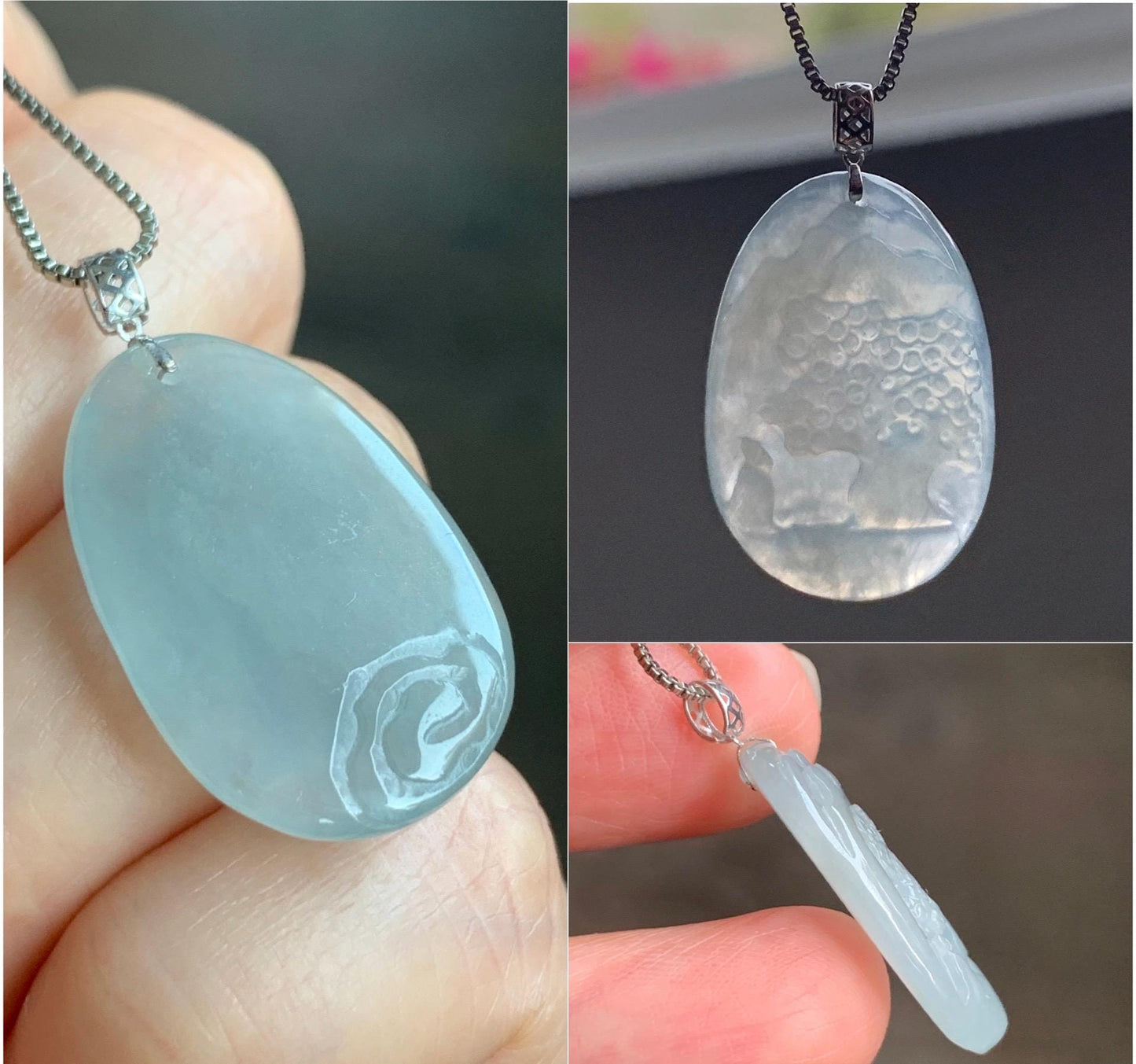 Natural Grade A Icy Translucent Gelatinous Dusty Blue Jadeite Shan Shui Landscape Scenery Pendant 18K White Gold 4g 天然冰淡蓝翡翠小山水牌吊坠 XMSH-A