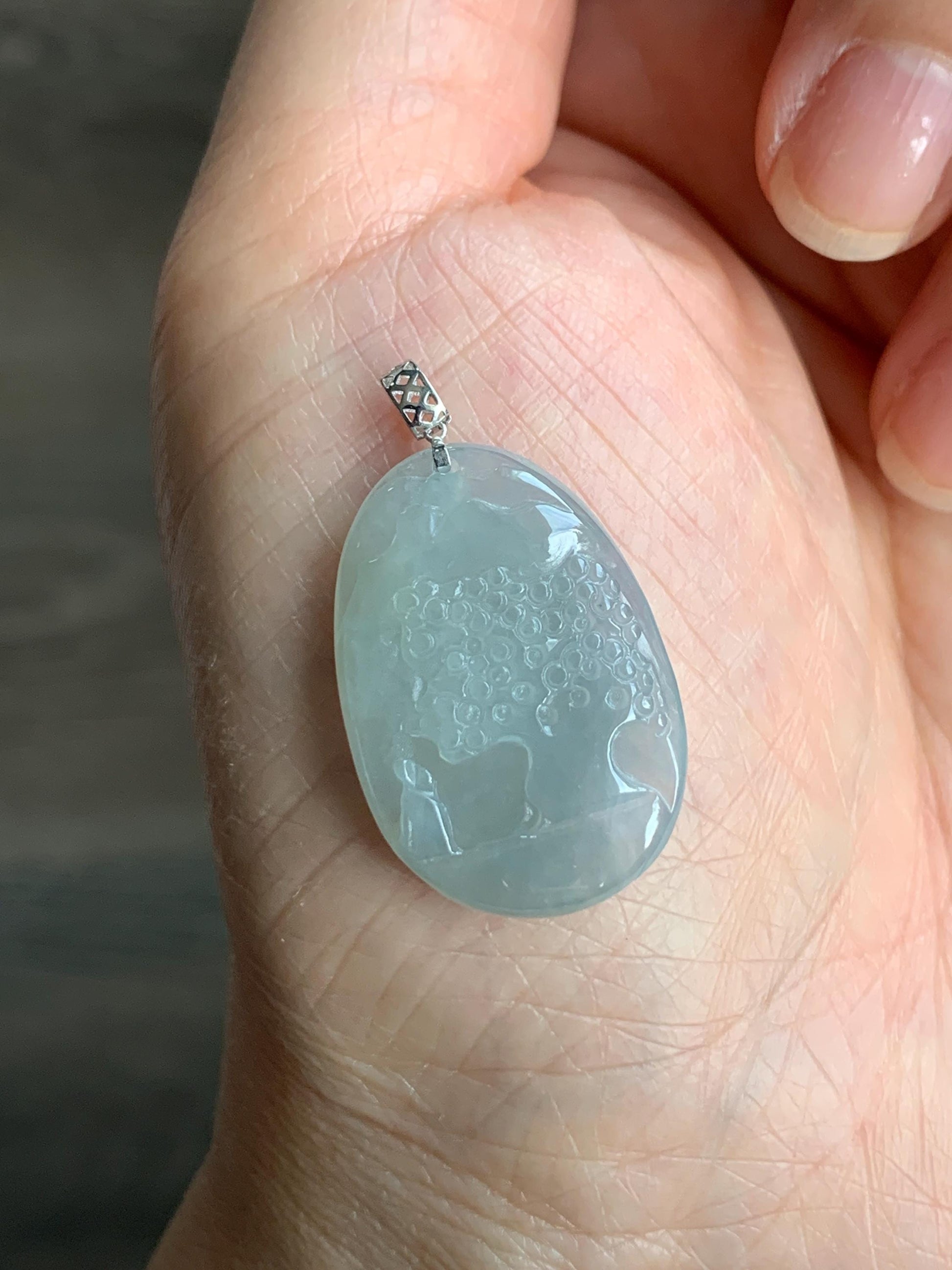 Natural Grade A Icy Translucent Gelatinous Dusty Blue Jadeite Shan Shui Landscape Scenery Pendant 18K White Gold 4g 天然冰淡蓝翡翠小山水牌吊坠 XMSH-A