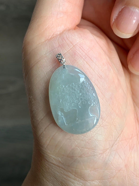 Natural Grade A Icy Translucent Gelatinous Dusty Blue Jadeite Shan Shui Landscape Scenery Pendant 18K White Gold 4g 天然冰淡蓝翡翠小山水牌吊坠 XMSH-A