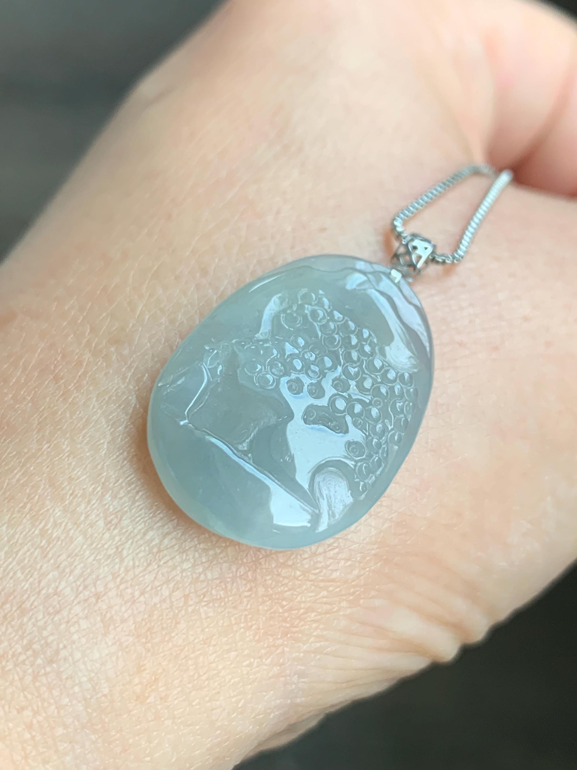 Natural Grade A Icy Translucent Gelatinous Dusty Blue Jadeite Shan Shui Landscape Scenery Pendant 18K White Gold 4g 天然冰淡蓝翡翠小山水牌吊坠 XMSH-A