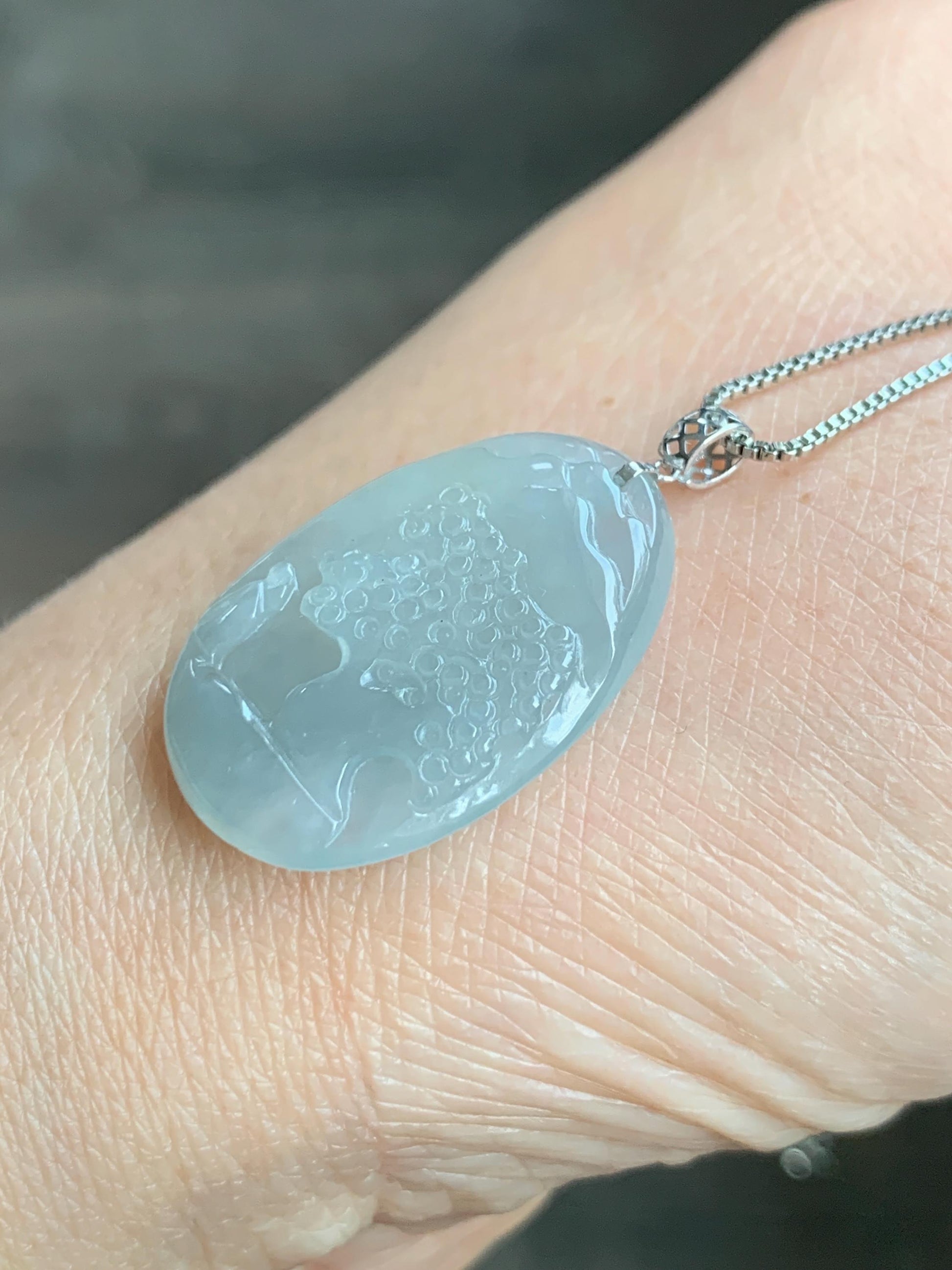 Natural Grade A Icy Translucent Gelatinous Dusty Blue Jadeite Shan Shui Landscape Scenery Pendant 18K White Gold 4g 天然冰淡蓝翡翠小山水牌吊坠 XMSH-A