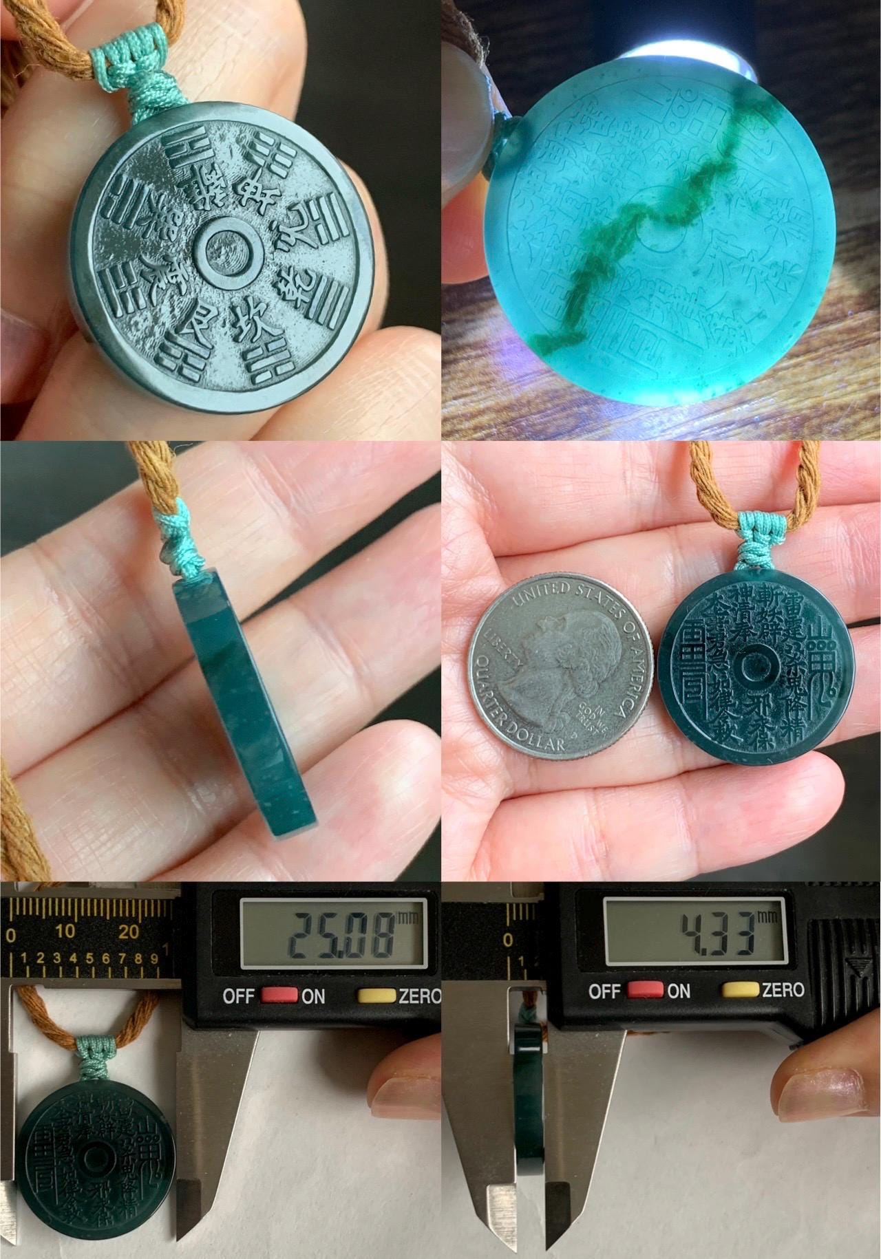 Natural Guatemalan Icy Translucent Dark Teal Green Jade Jadeite Mountain Ghost Eight Trigrams Coin Pendant Rope Necklace 天然冰危蓝绿翡翠精工山鬼币吊坠 SGA
