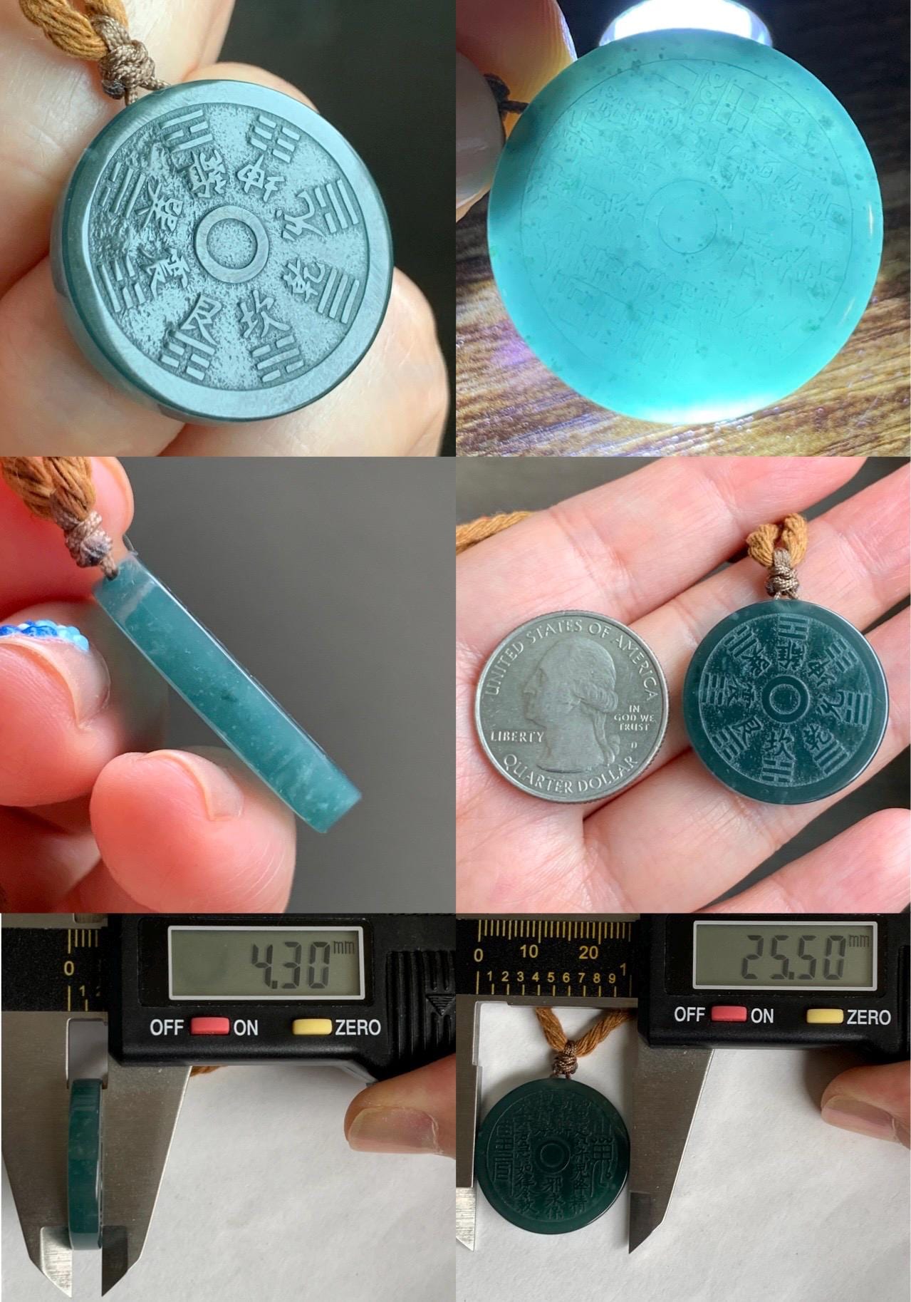 Natural Guatemalan Icy Translucent Dark Teal Green Jade Jadeite Mountain Ghost Eight Trigrams Coin Pendant Rope Necklace 天然冰危蓝绿翡翠精工山鬼币吊坠 SGB
