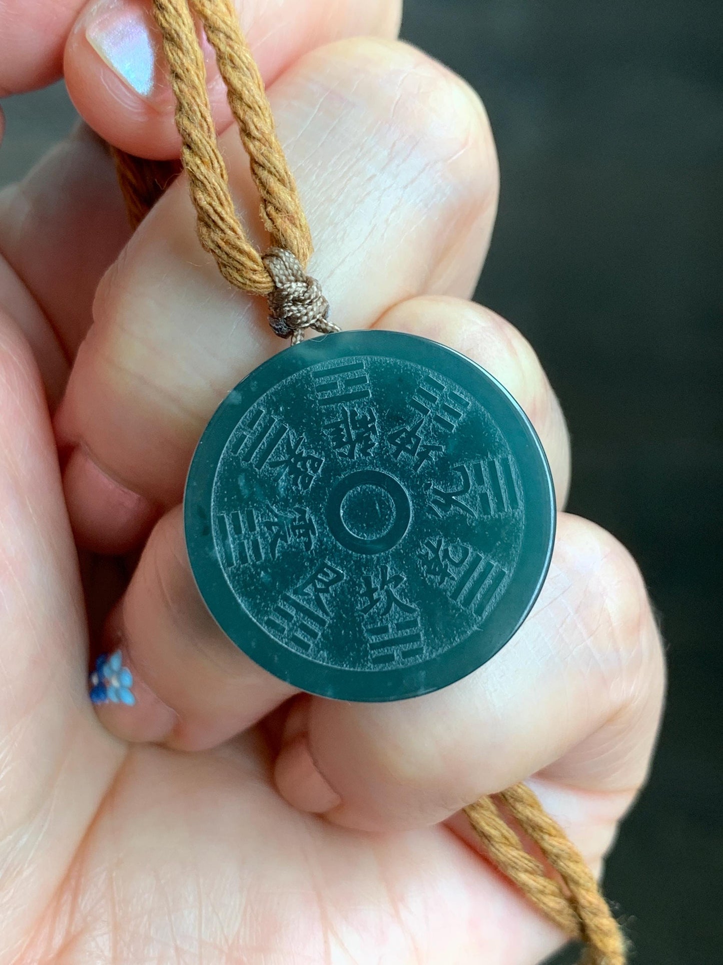 Natural Guatemalan Icy Translucent Dark Teal Green Jade Jadeite Mountain Ghost Eight Trigrams Coin Pendant Rope Necklace 天然冰危蓝绿翡翠精工山鬼币吊坠 SGB
