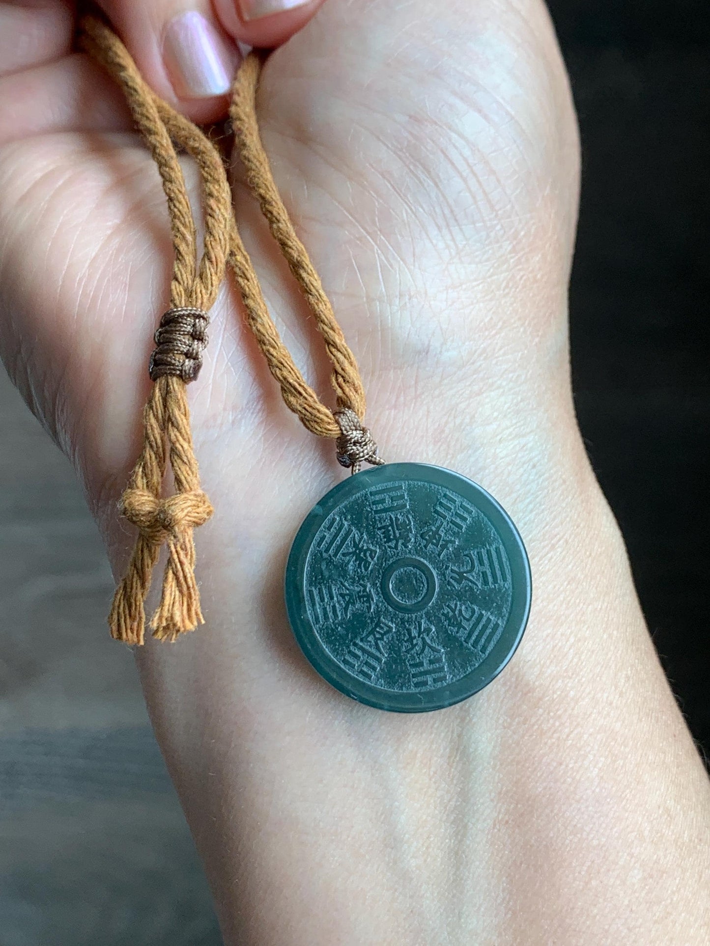 Natural Guatemalan Icy Translucent Dark Teal Green Jade Jadeite Mountain Ghost Eight Trigrams Coin Pendant Rope Necklace 天然冰危蓝绿翡翠精工山鬼币吊坠 SGB