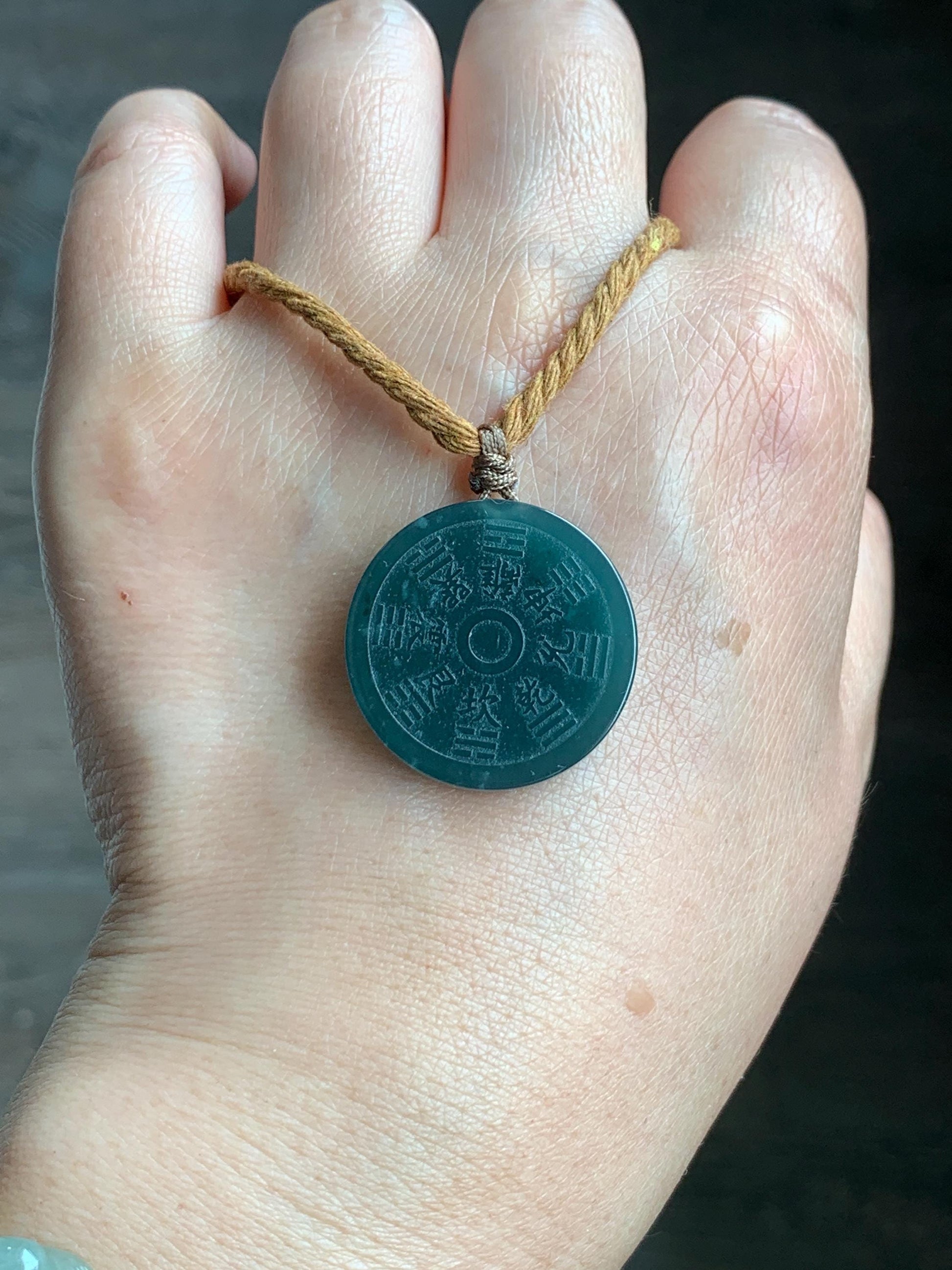 Natural Guatemalan Icy Translucent Dark Teal Green Jade Jadeite Mountain Ghost Eight Trigrams Coin Pendant Rope Necklace 天然冰危蓝绿翡翠精工山鬼币吊坠 SGB
