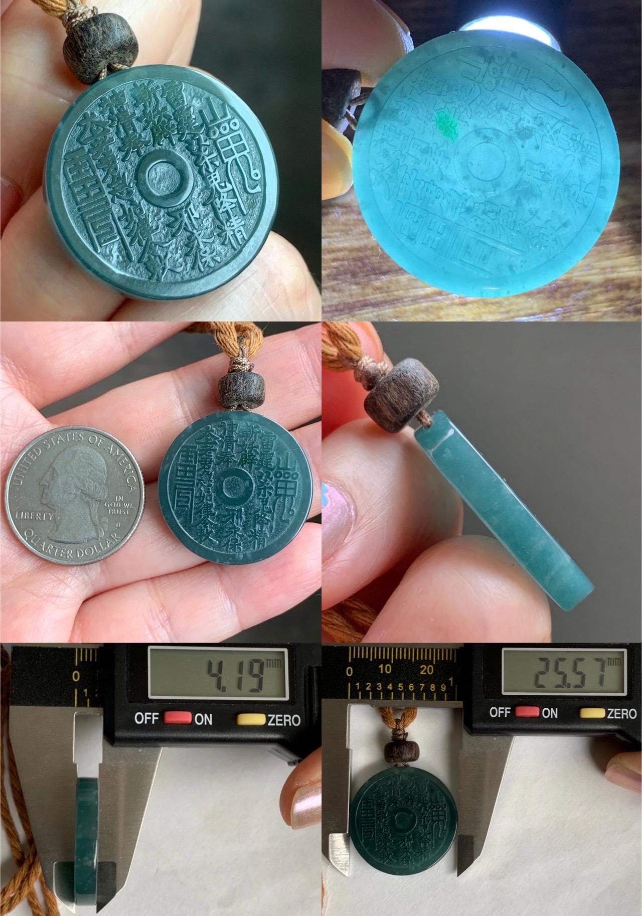 Natural Guatemalan Icy Translucent Dark Teal Green Jade Jadeite Mountain Ghost Eight Trigrams Coin Pendant Rope Necklace 天然冰危蓝绿翡翠精工山鬼币吊坠 SGC