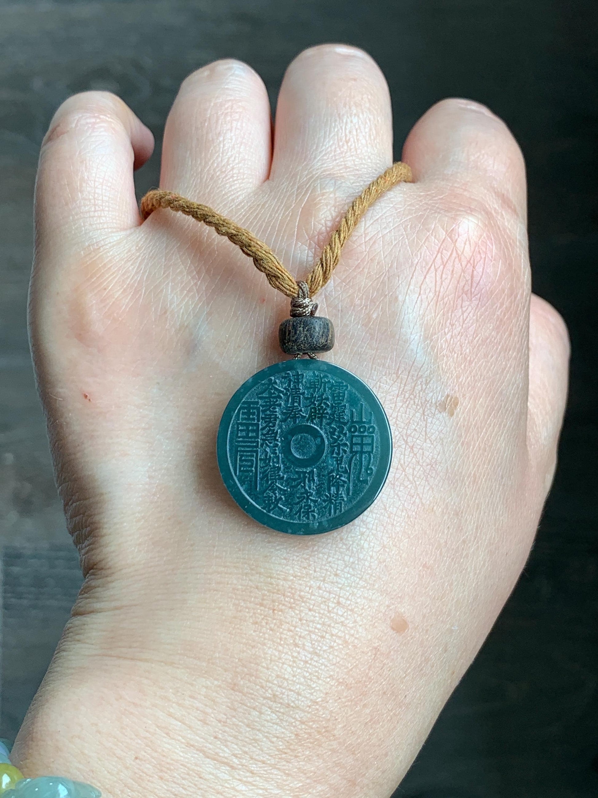 Natural Guatemalan Icy Translucent Dark Teal Green Jade Jadeite Mountain Ghost Eight Trigrams Coin Pendant Rope Necklace 天然冰危蓝绿翡翠精工山鬼币吊坠 SGC
