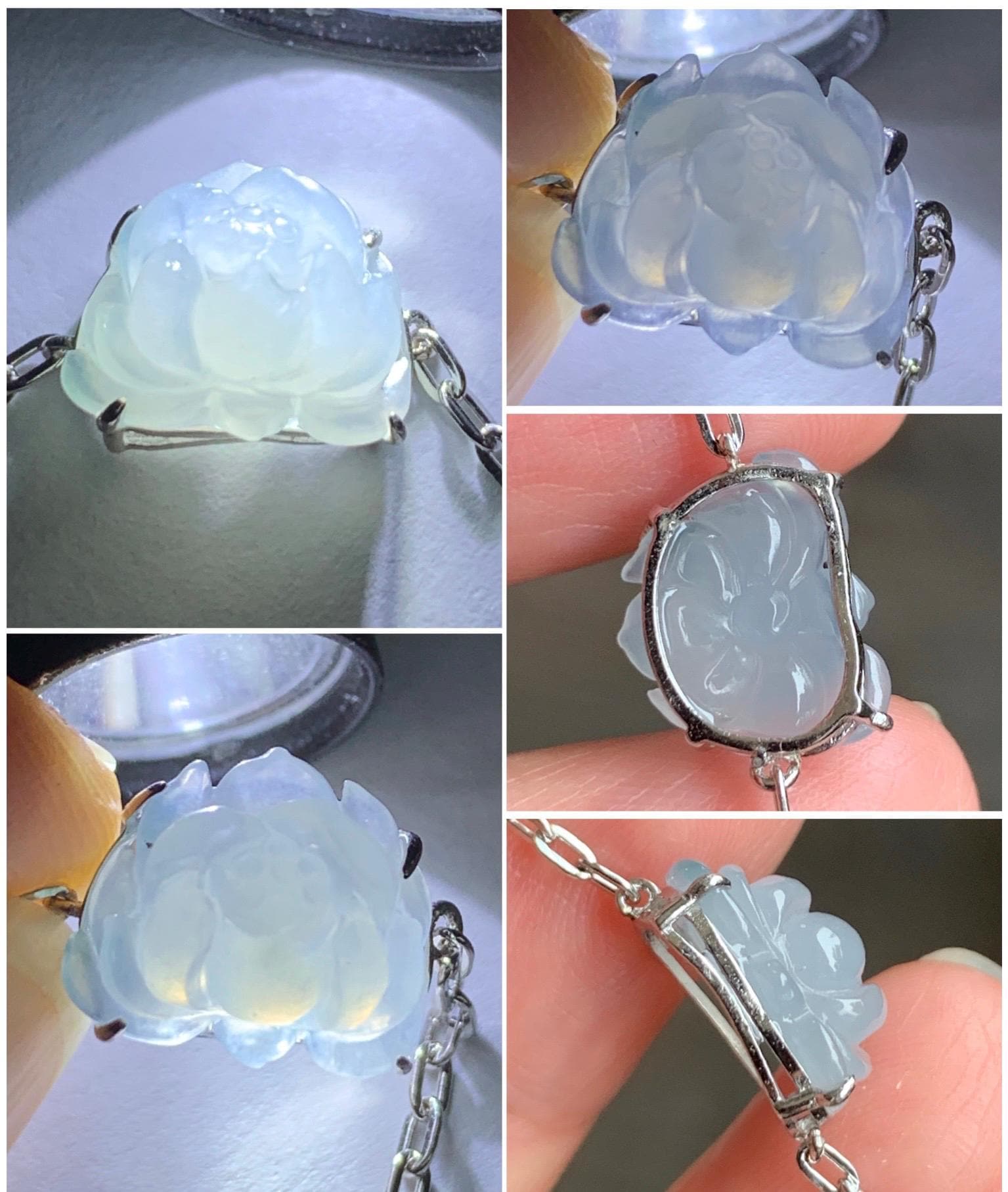 Natural Grade A Icy Translucent Pastel Purplish Blue Jadeite Lotus Flower Chain Bracelet Sterling Silver 6.75”-8” 3g 天然冰胶淡紫翡翠莲花银镶手链 LHY228A