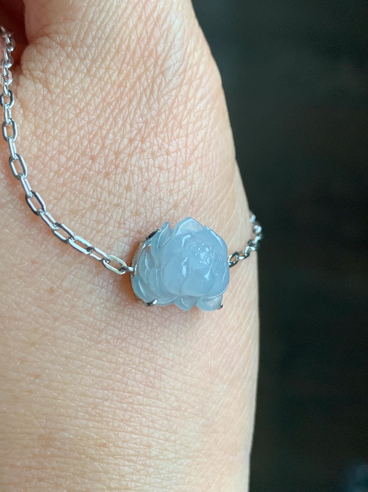 Natural Grade A Icy Translucent Pastel Purplish Blue Jadeite Lotus Flower Chain Bracelet Sterling Silver 6.75”-8” 3g 天然冰胶淡紫翡翠莲花银镶手链 LHY228A