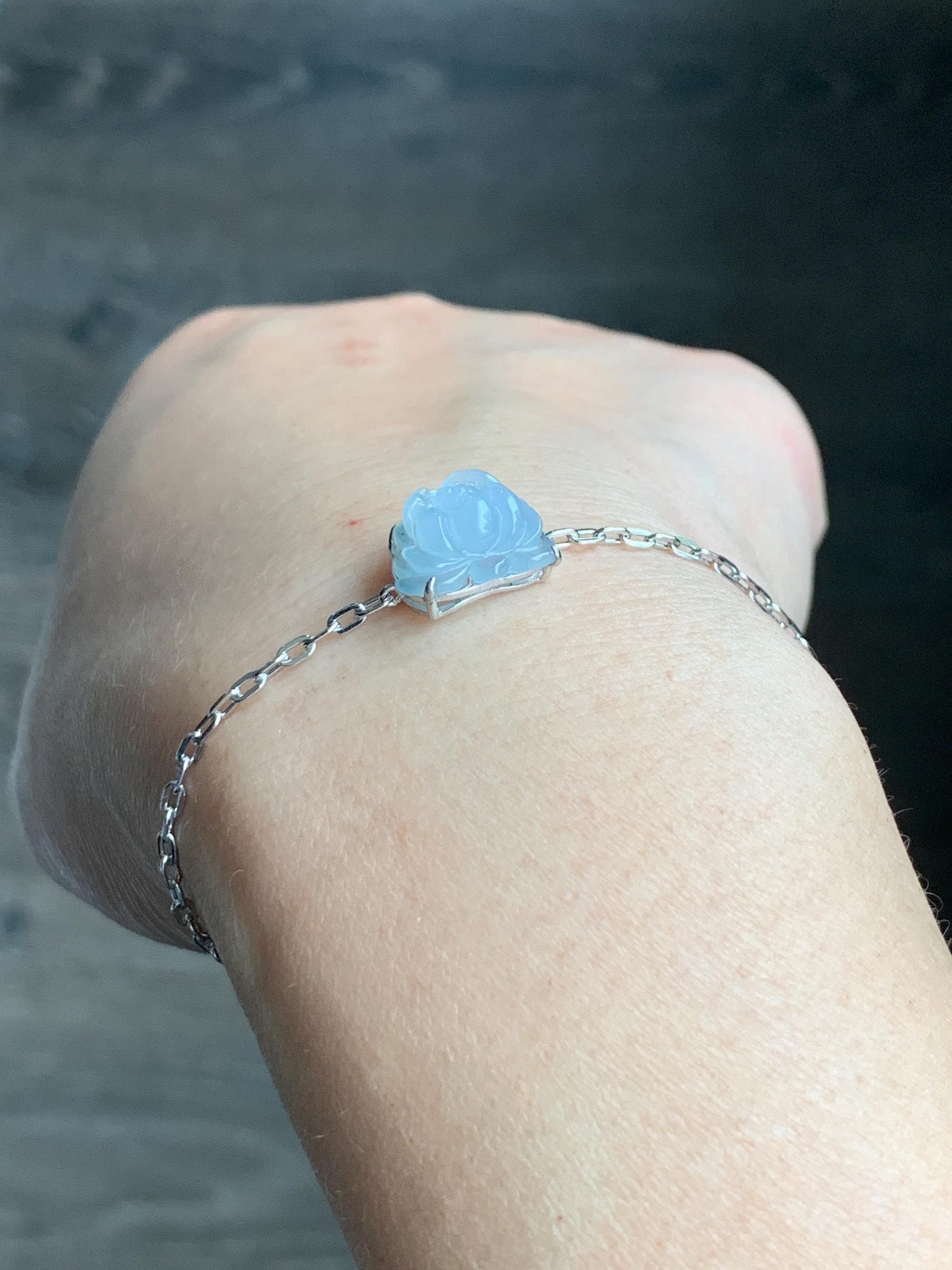 Natural Grade A Icy Translucent Pastel Purplish Blue Jadeite Lotus Flower Chain Bracelet Sterling Silver 6.75”-8” 3g 天然冰胶淡紫翡翠莲花银镶手链 LHY228A