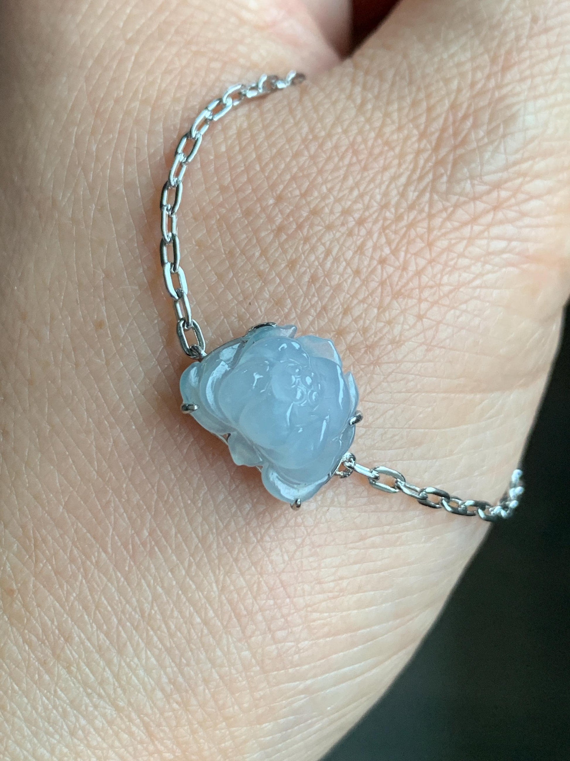 Natural Grade A Icy Translucent Pastel Purplish Blue Jadeite Lotus Flower Chain Bracelet Sterling Silver 6.75”-8” 3g 天然冰胶淡紫翡翠莲花银镶手链 LHY228A