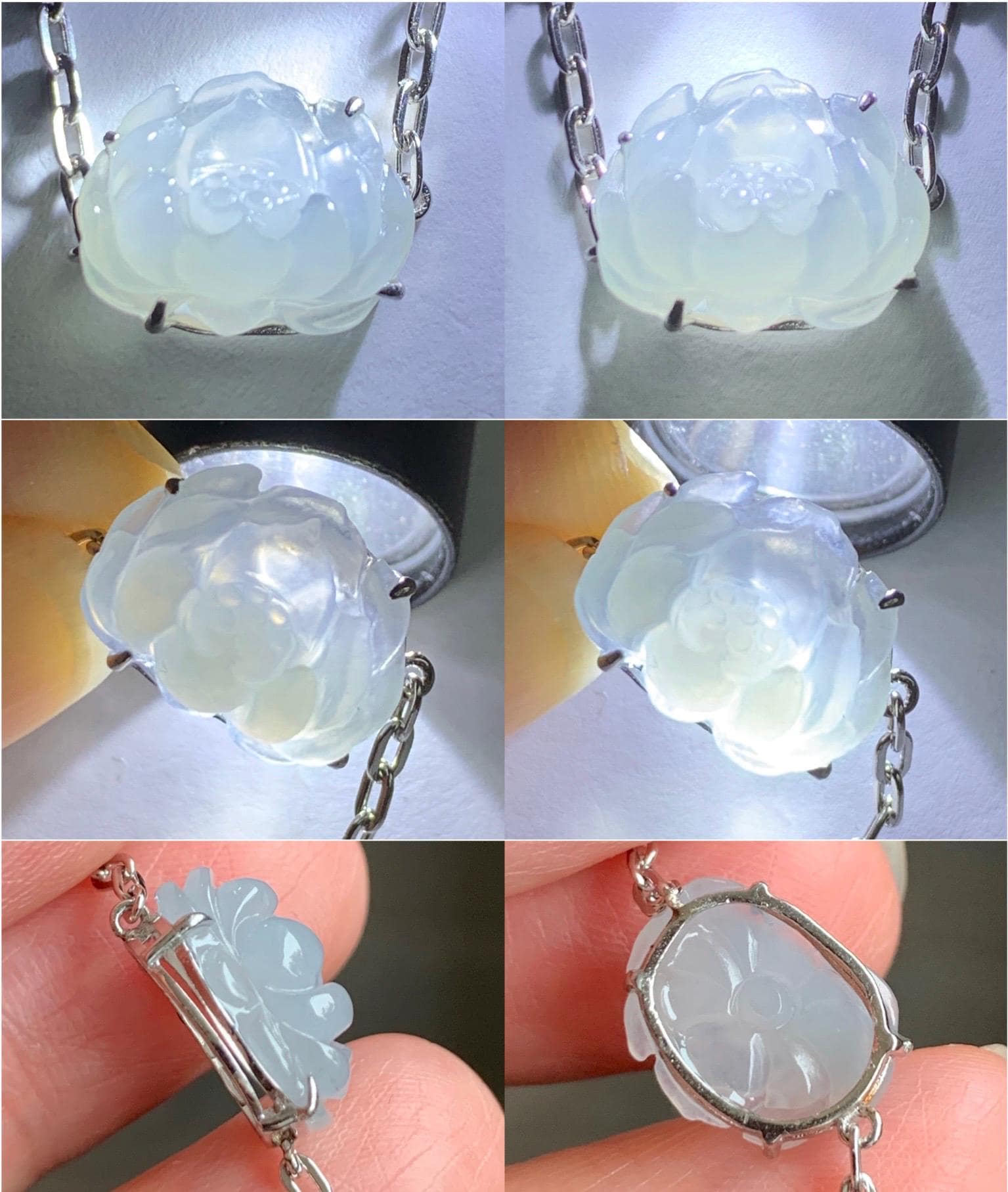 Natural Grade A Icy Translucent Pastel Purplish Blue Jadeite Lotus Flower Chain Bracelet Sterling Silver 6.75”-8” 3g 天然冰胶淡紫翡翠莲花银镶手链 LHY228B