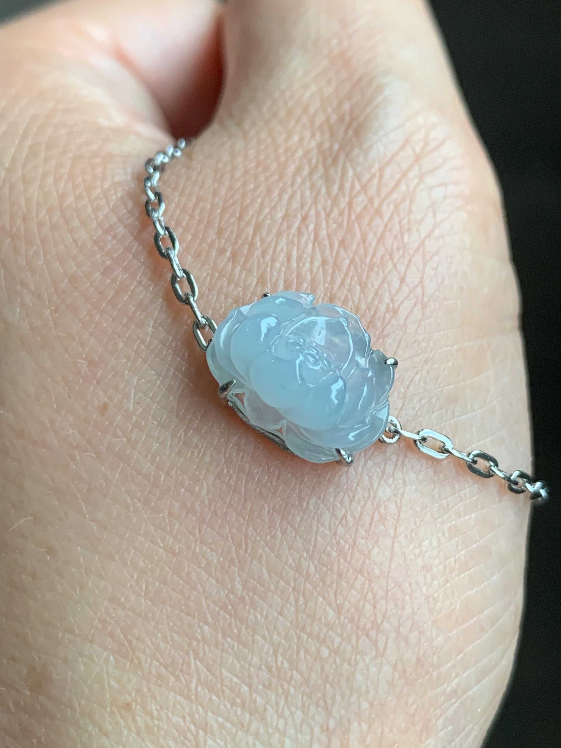 Natural Grade A Icy Translucent Pastel Purplish Blue Jadeite Lotus Flower Chain Bracelet Sterling Silver 6.75”-8” 3g 天然冰胶淡紫翡翠莲花银镶手链 LHY228B