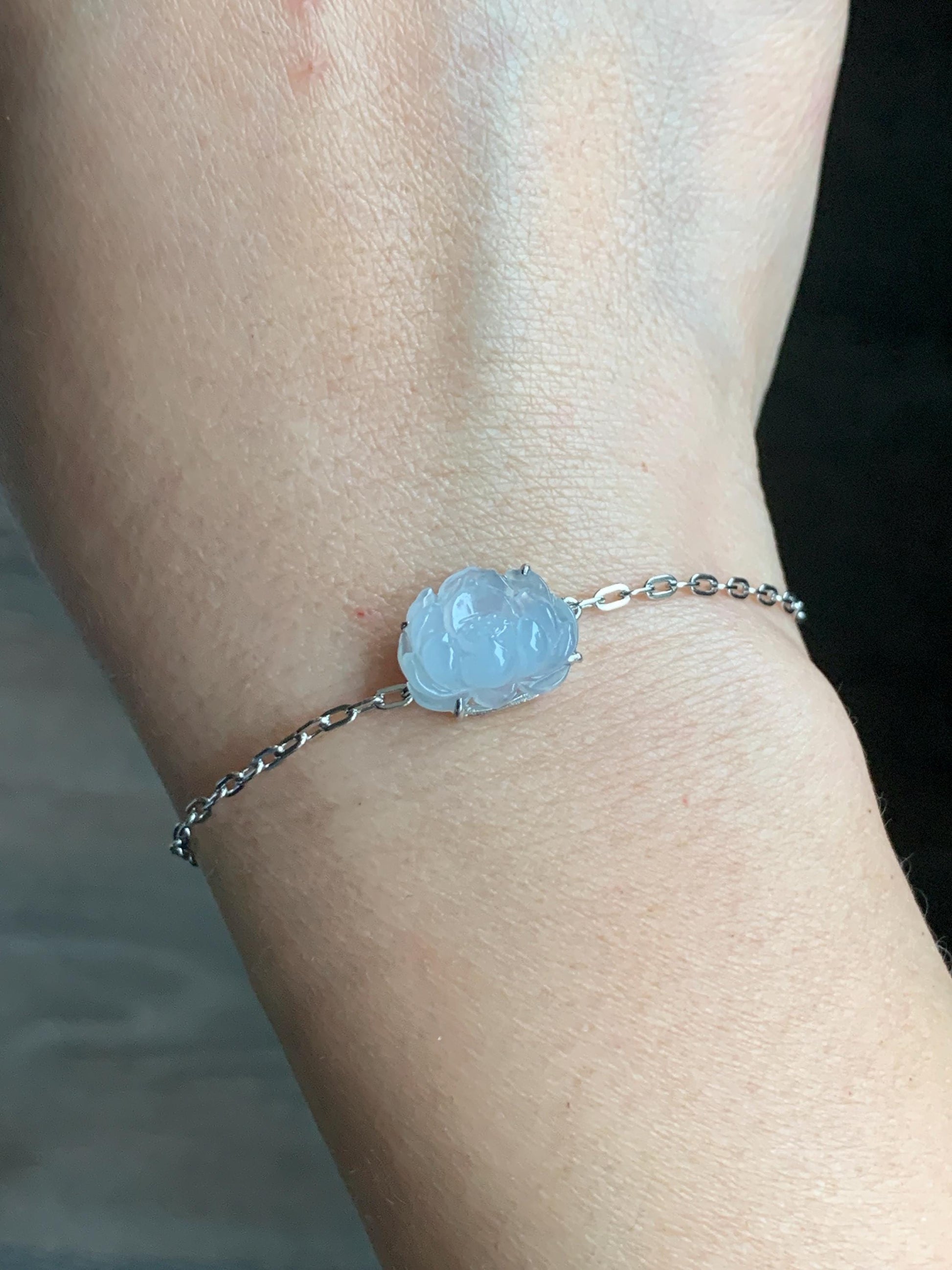 Natural Grade A Icy Translucent Pastel Purplish Blue Jadeite Lotus Flower Chain Bracelet Sterling Silver 6.75”-8” 3g 天然冰胶淡紫翡翠莲花银镶手链 LHY228B