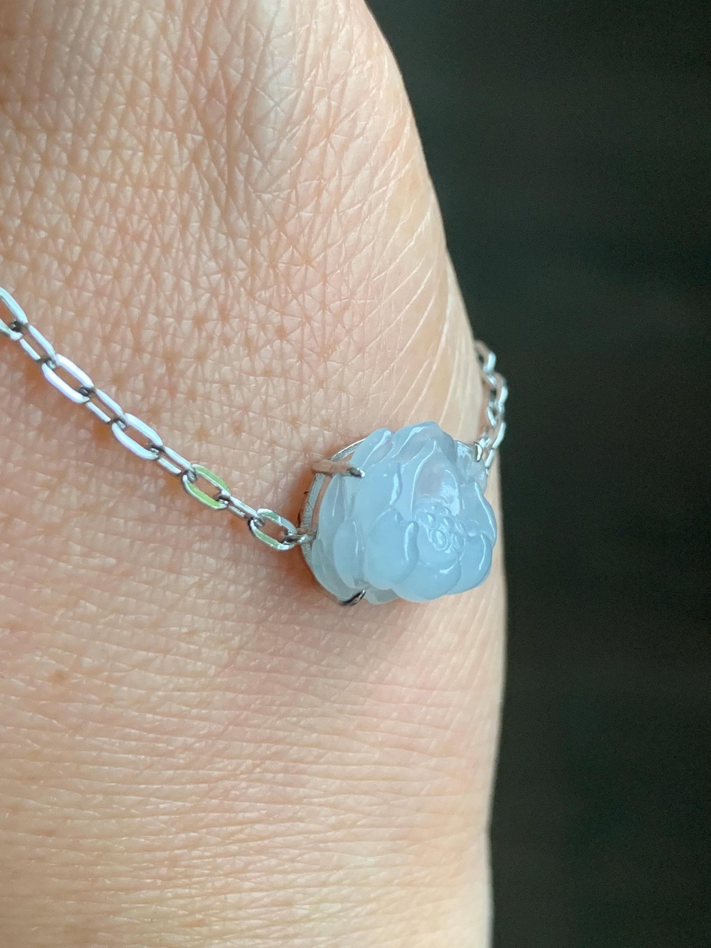 Natural Grade A Icy Translucent Pastel Purplish Blue Jadeite Lotus Flower Chain Bracelet Sterling Silver 6.75”-8” 3g 天然冰胶淡紫翡翠莲花银镶手链 LHY228B