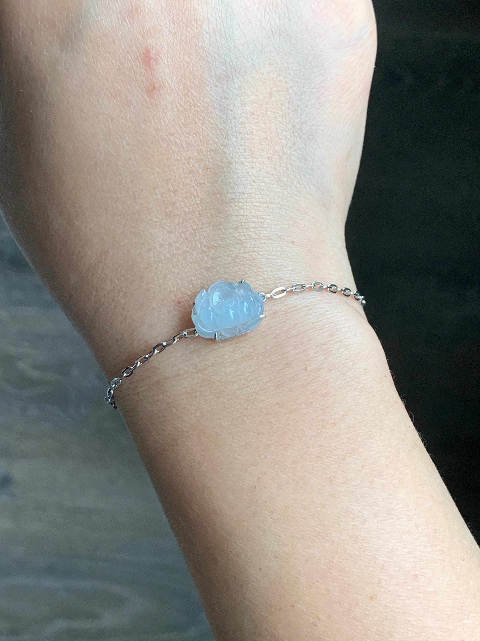 Natural Grade A Icy Translucent Pastel Purplish Blue Jadeite Lotus Flower Chain Bracelet Sterling Silver 6.75”-8” 3g 天然冰胶淡紫翡翠莲花银镶手链 LHY228B