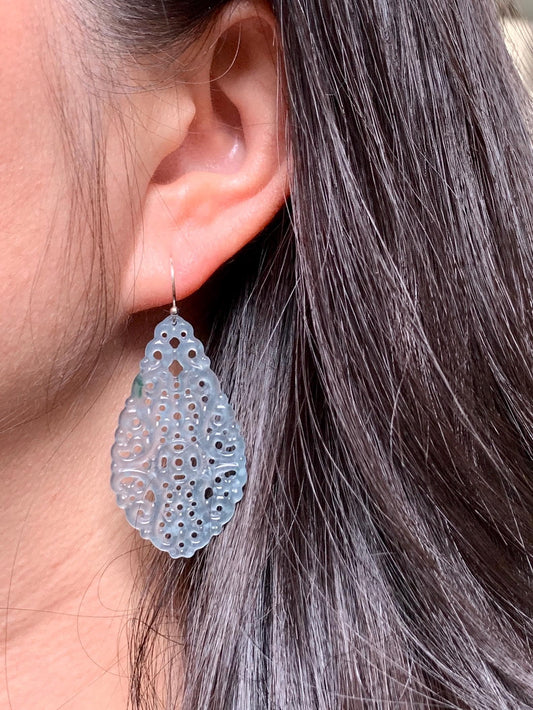Stunning Natural Guatemalan Icy Translucent Pastel Blue Openwork Engraved Jadeite Dangle Earrings Sterling Silver 天然冰危淡蓝起光翡翠镂空雕水滴银耳钩耳吊 LKD-P