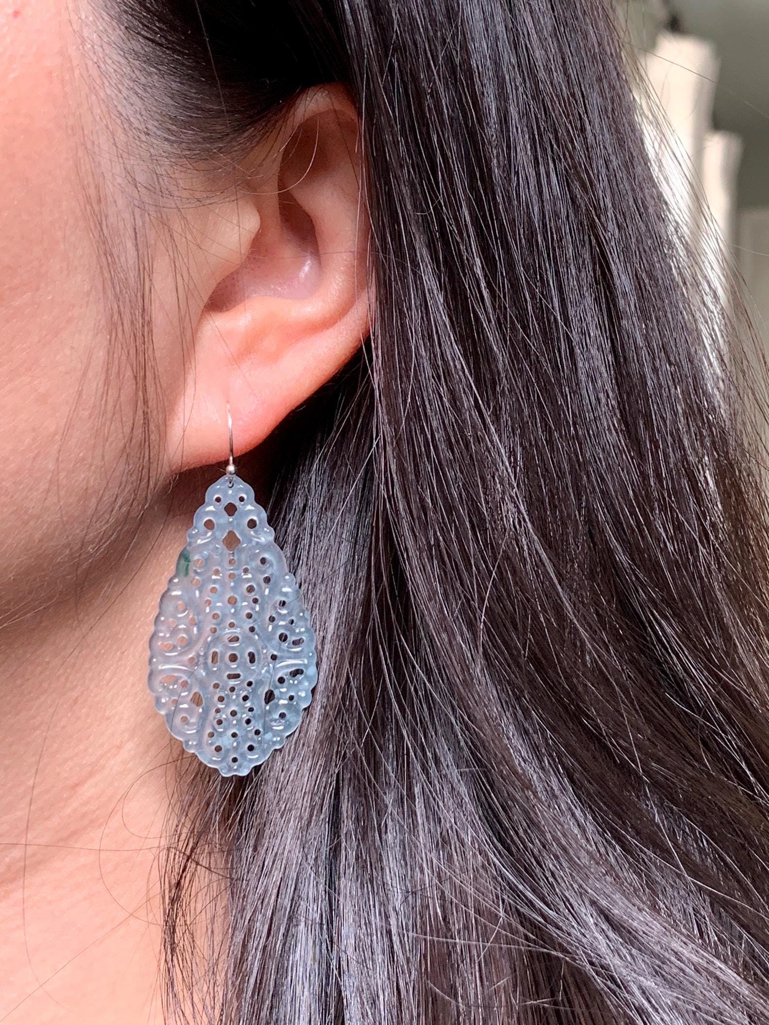 Stunning Natural Guatemalan Icy Translucent Pastel Blue Openwork Engraved Jadeite Dangle Earrings Sterling Silver 天然冰危淡蓝起光翡翠镂空雕水滴银耳钩耳吊 LKD-P