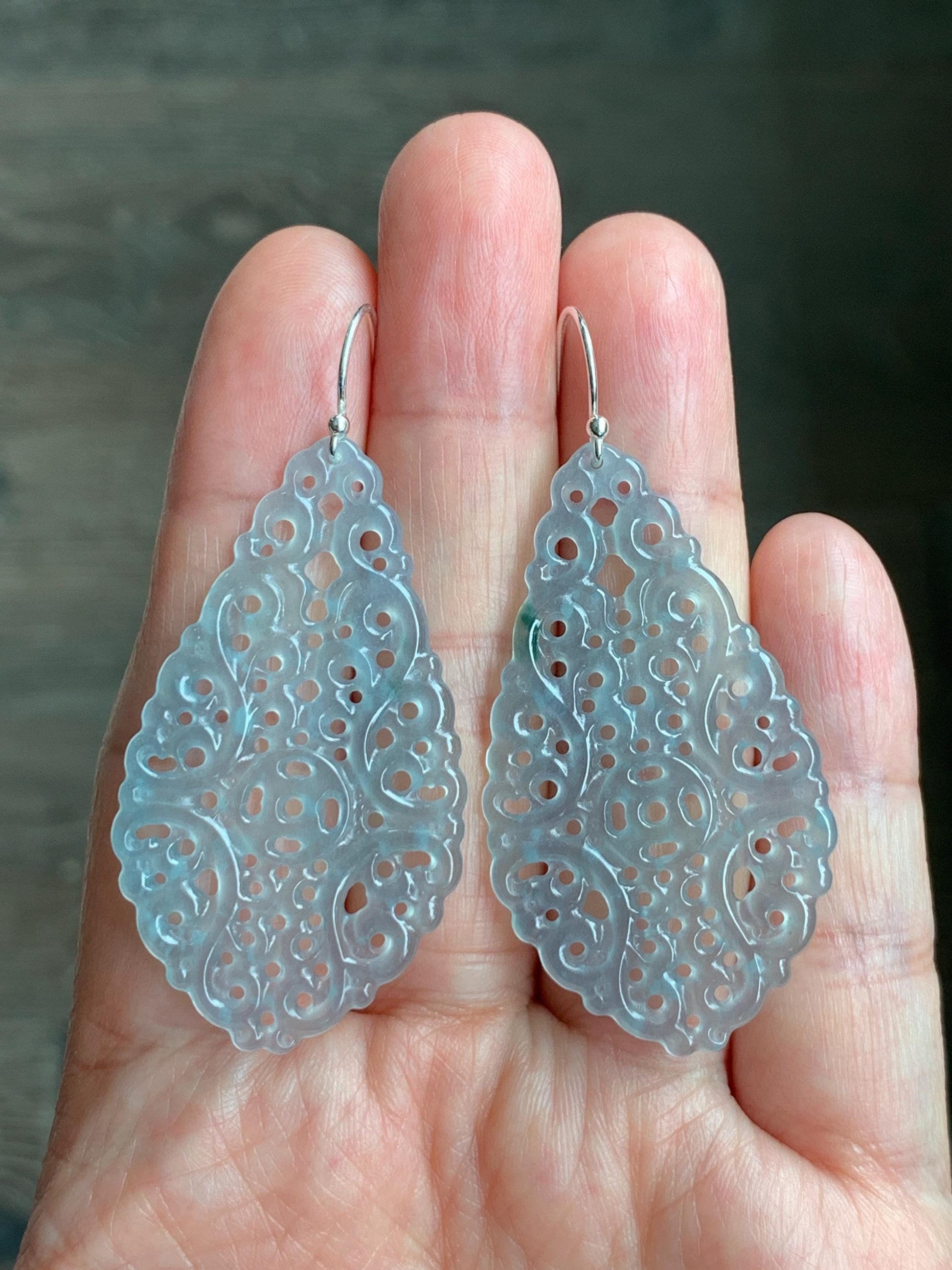 Stunning Natural Guatemalan Icy Translucent Pastel Blue Openwork Engraved Jadeite Dangle Earrings Sterling Silver 天然冰危淡蓝起光翡翠镂空雕水滴银耳钩耳吊 LKD-P