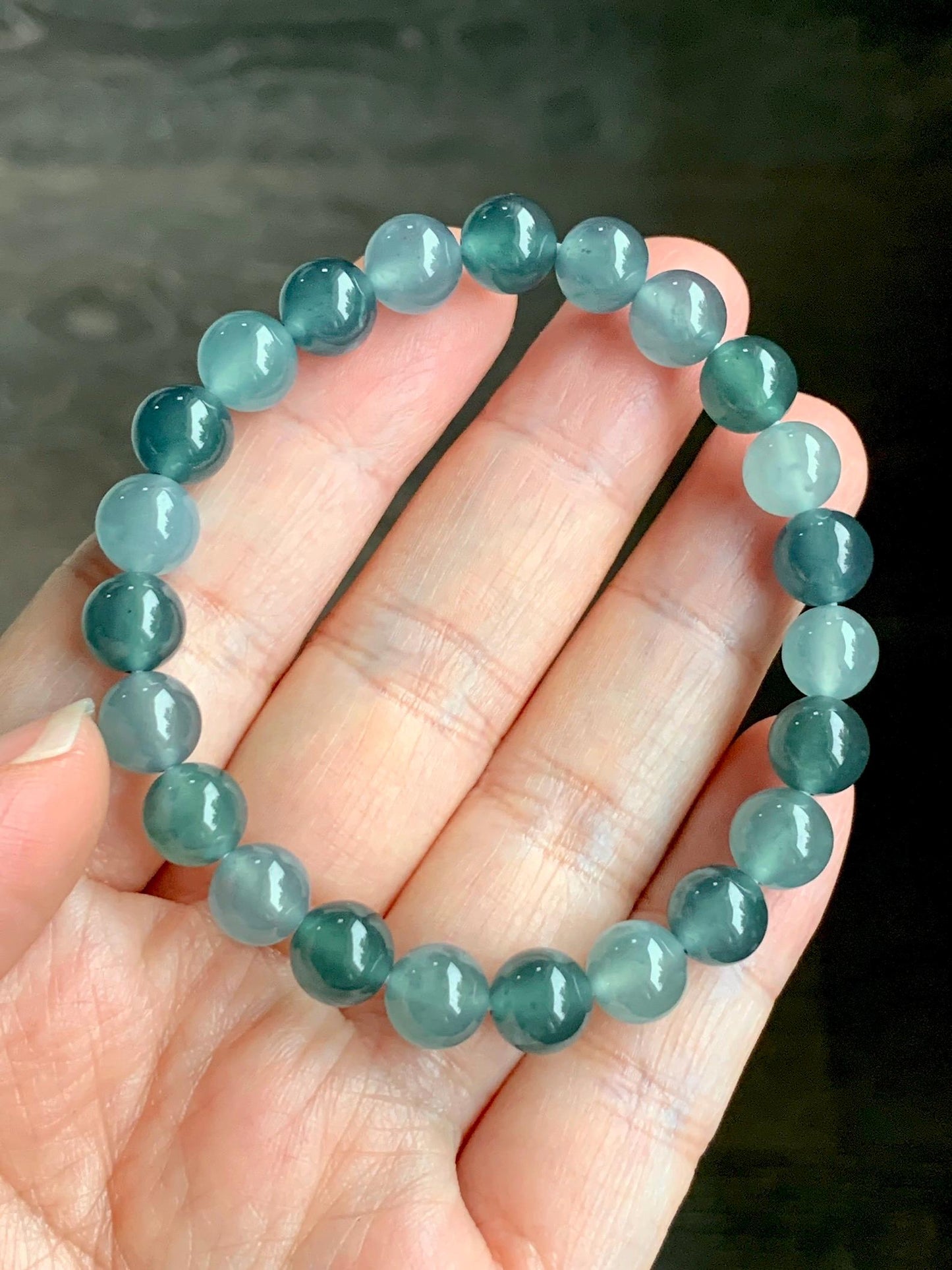 Natural Grade A Guatemalan Icy Highly Translucent Teal Blue Multicolored Jadeite Beaded Bracelet 7.8mm 6.5” 18g 天然老种冰危蓝水多宝翡翠手串 WDB250-A