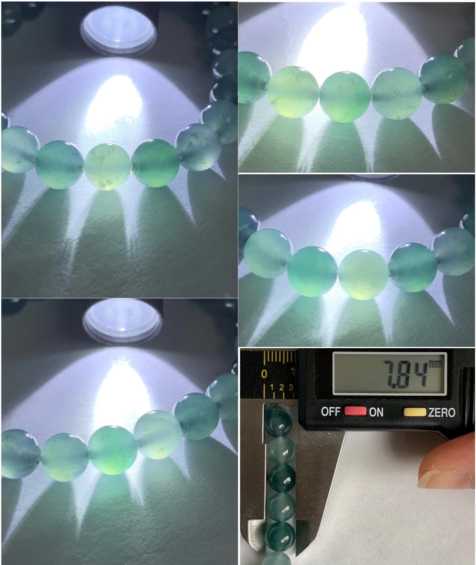 Natural Grade A Guatemalan Icy Highly Translucent Teal Blue Multicolored Jadeite Beaded Bracelet 7.8mm 6.5” 18g 天然老种冰危蓝水多宝翡翠手串 WDB250-A