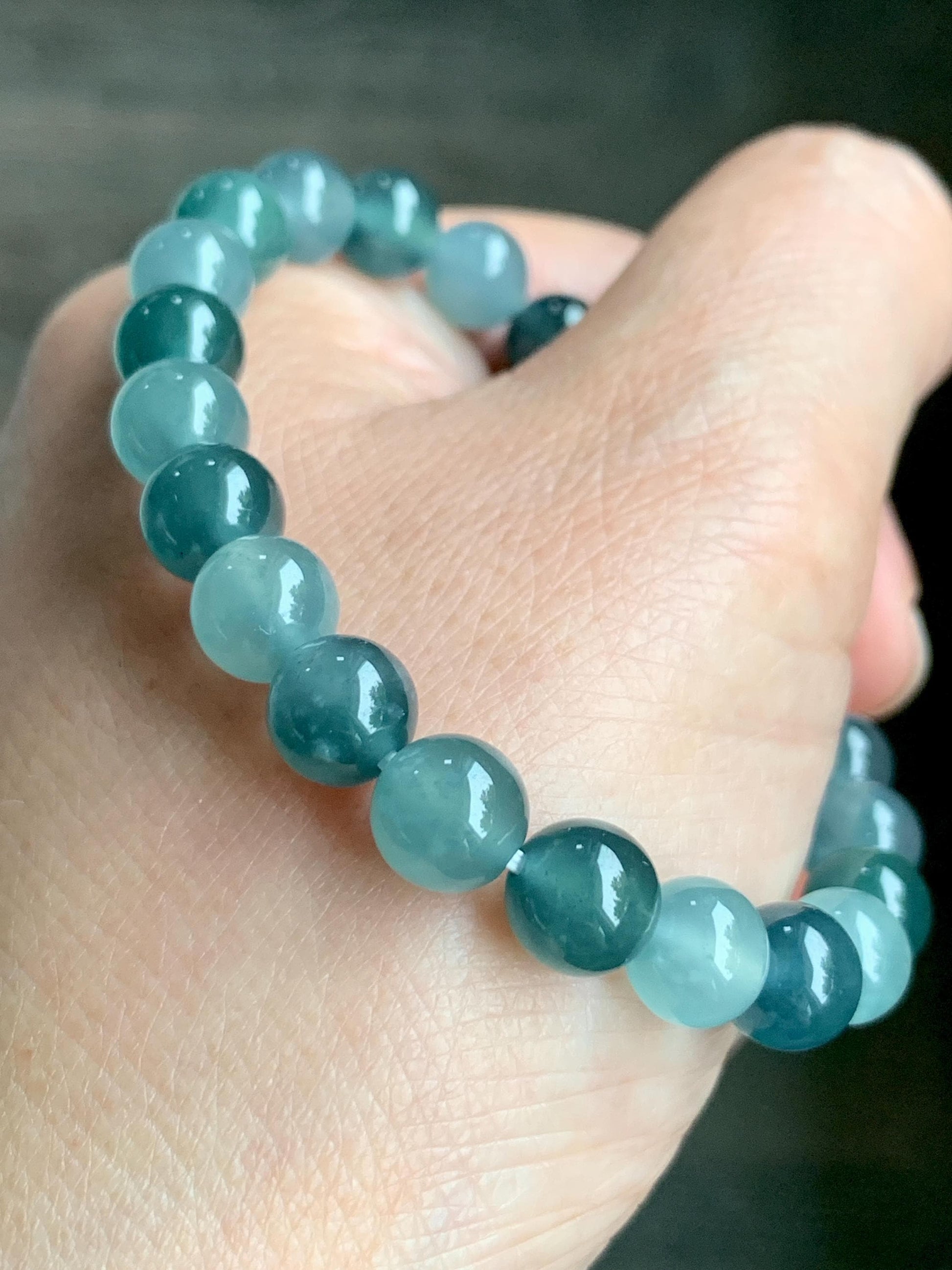 Natural Grade A Guatemalan Icy Highly Translucent Teal Blue Multicolored Jadeite Beaded Bracelet 7.8mm 6.5” 18g 天然老种冰危蓝水多宝翡翠手串 WDB250-A