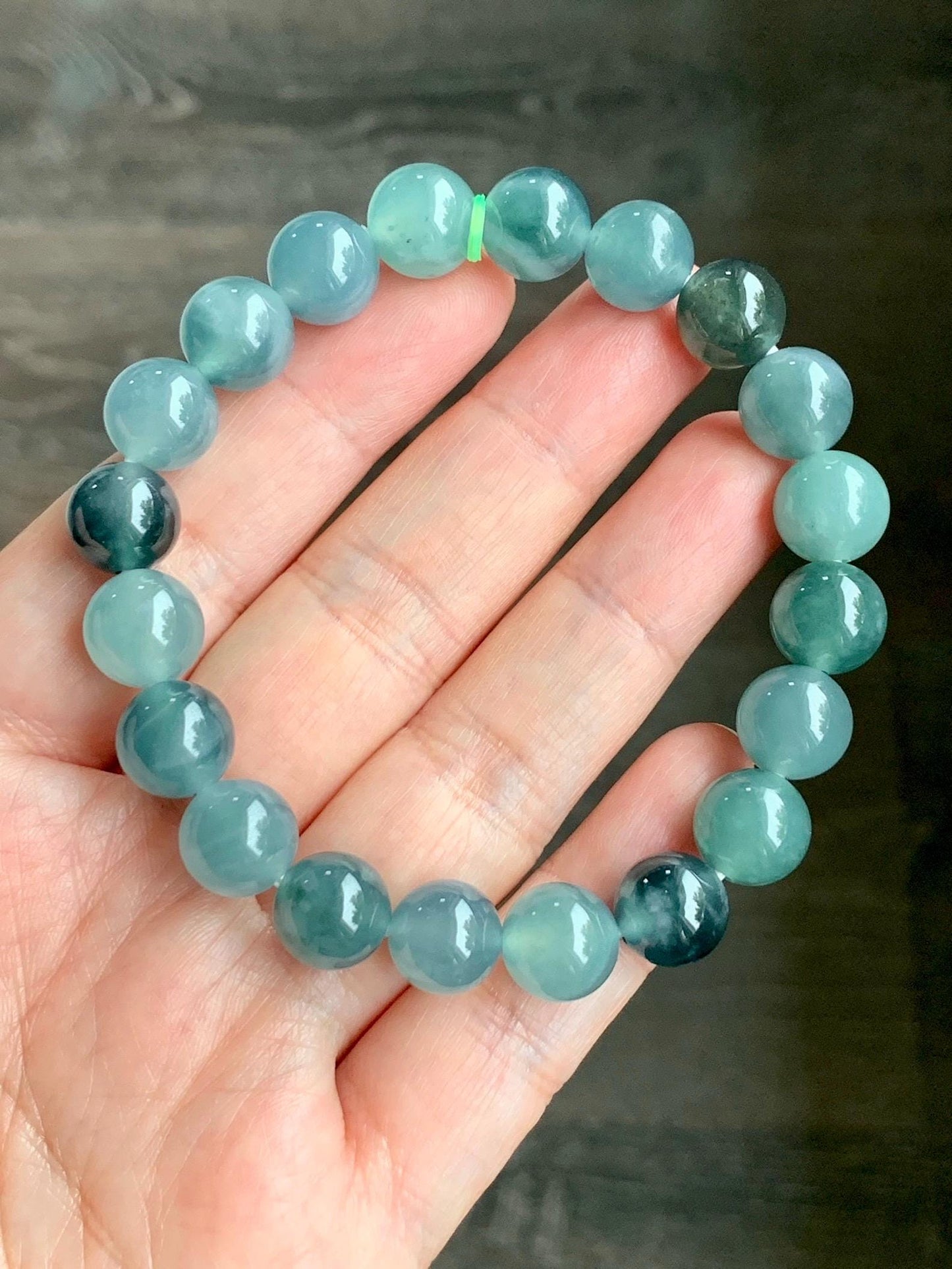Natural Grade A Guatemalan Icy Highly Translucent Teal Blue Multicolored Jadeite Beaded Bracelet 10mm 7.25” 34g 天然老种冰危蓝水多宝翡翠手串 WDB360
