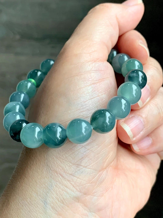 Natural Grade A Guatemalan Icy Highly Translucent Teal Blue Multicolored Jadeite Beaded Bracelet 10mm 7.25” 34g 天然老种冰危蓝水多宝翡翠手串 WDB360