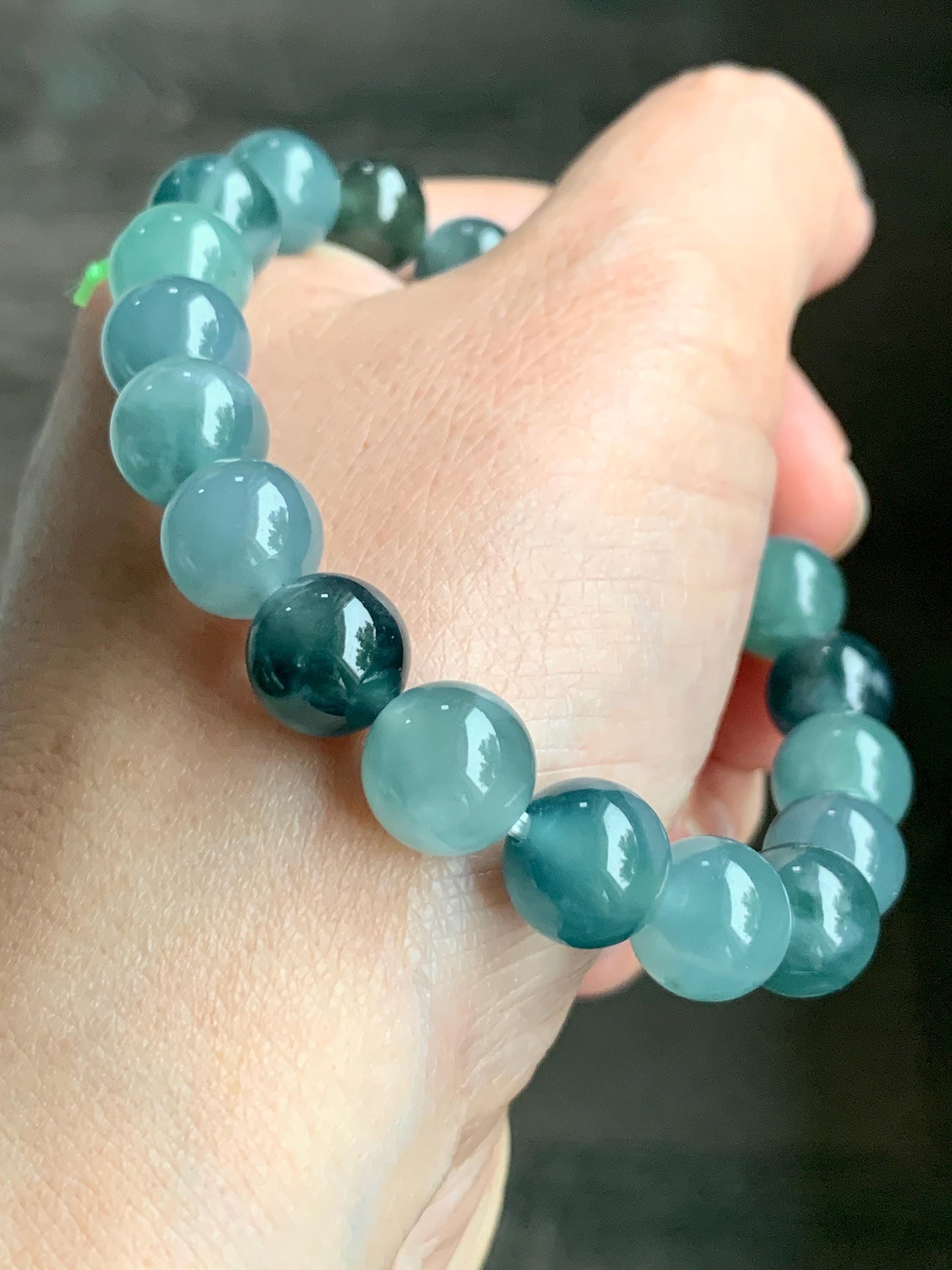 Natural Grade A Guatemalan Icy Highly Translucent Teal Blue Multicolored Jadeite Beaded Bracelet 10mm 7.25” 34g 天然老种冰危蓝水多宝翡翠手串 WDB360