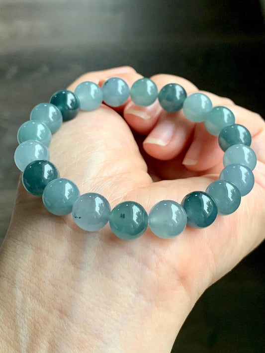 Natural Grade A Guatemalan Icy Highly Translucent Teal Blue Multicolored Jadeite Beaded Bracelet 9.7mm 7” 32g 天然老种冰危蓝水多宝翡翠手串 WDB330