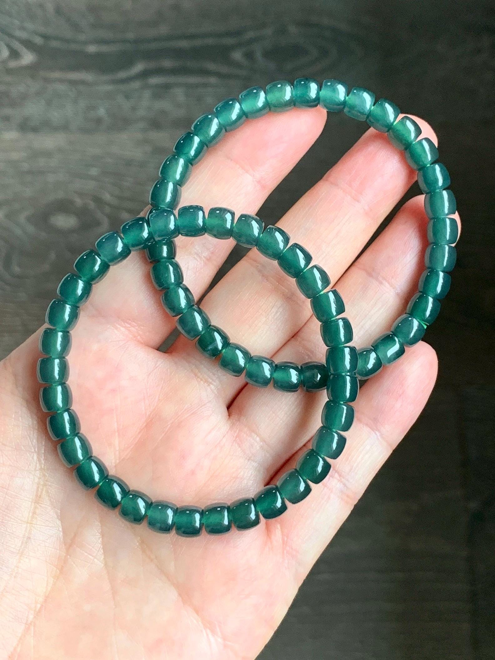 Natural Grade A Guatemalan Icy Highly Translucent Teal Green Jadeite Drum Beads Beaded Bracelet 6.3x5.3mm 6.75" 15g 天然冰胶起光危蓝绿翡翠桶珠手串 WLG260